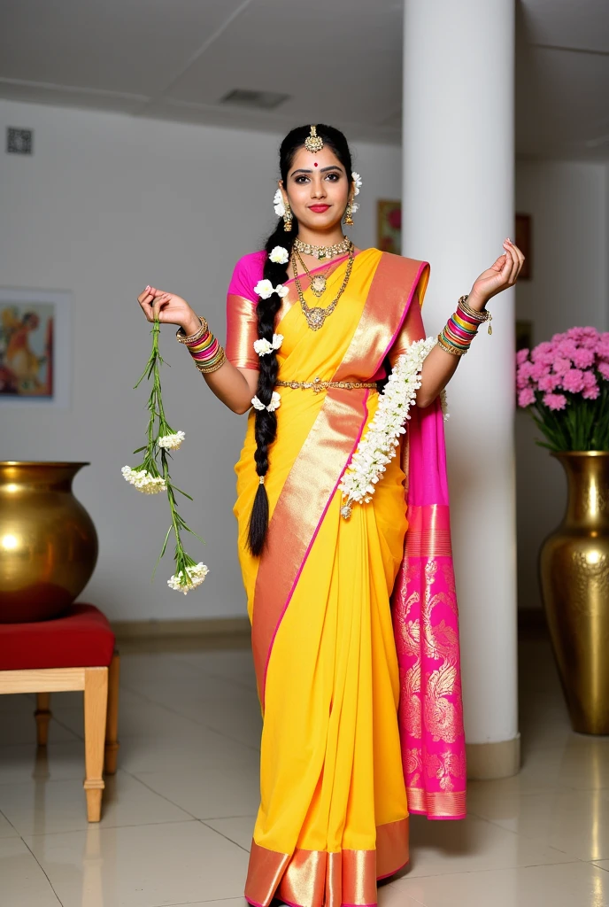 wear designer printed Saree and strapless bra, a bindi on the center of the forehead, full body covered in clothes, Indian temples in background, flower basket, very well dressed, going to temple for prayers, golden heavy jewellery, very beautiful 25 year old indian girl, full body photo, mehendi in hands, random hair style, holding Puja plate with Puja items for lord Shiva, lord Shiva temple in background, jewelry, gem, necklace, necklace set, tika, vermilion, nathiya, ear rings, mangalsutra, golden haar, gold bracelet, anklets, thick lips, holding flower basket for Puja in hand, skindentation, parted lips, full body photo from front, beautiful face, beautiful body, (detailed eyes), ulzzang-6500-v1.1, thick eyelashes, long eyelashes, random hair style, broad light, backlighting, bloom, light sparkles, chromatic aberration, sharp focus, Nikon Z 85mm, unparalleled masterpiece, ultra-realistic 8k photos, best quality masterpiece, best quality,
