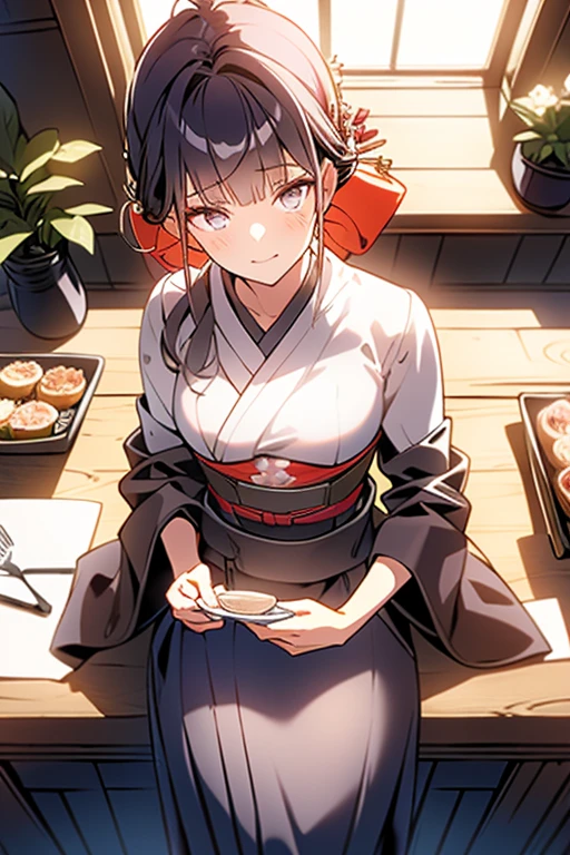 (from above:1.2,Best Quality),a girl , kimono uniform,silver color hair,Purplish  blue eyes that dreamers desire, small stature, medium tits , Lori face, (masutepiece:1.2, Best Quality), (finely detailed beautiful eye: 1.2), (beautifull detailed face), (perky chest:1.2), (pointed chest:1.1), (cafe magazine cover:1.5)，(Best Illumination, extremely delicate and beautiful), sexy pose,make a coffee , in a kitchen counter, morning light, (Pale white background:1.1), Short bob hair（1:3）、Ultra Contrast、Braid a little around the ears、only has 5 fingers、Sexy and qute pants、nffsw,A small café in the forest. A stylish café with a terrace tucked away in the forest. We offer a variety of menus including delicious coffee., a cake, sandwich, and spaghetti. The smile of the clerk in the apron is very nice.、It is very popular with customers.effect///Fluffy pastel colors.fine brushes,（XF 35mm F1 key.4 R,F1.4,Maximum aperture,become blunt:1.5） Rough, detailed watercolour, soft and fantastic, pastel, Fluffy, (extremely fine and beautiful), (Perfect Detail)、(pastel color),Soft texture:1.2.(masutepiece, Best Quality), (finely detailed beautiful eye), (finely detailed  eyes and detailed face),The tones are also visibly luminous.Pale blurred contours,Unobtrusive lighting, moody atmosphere,subtle highlights