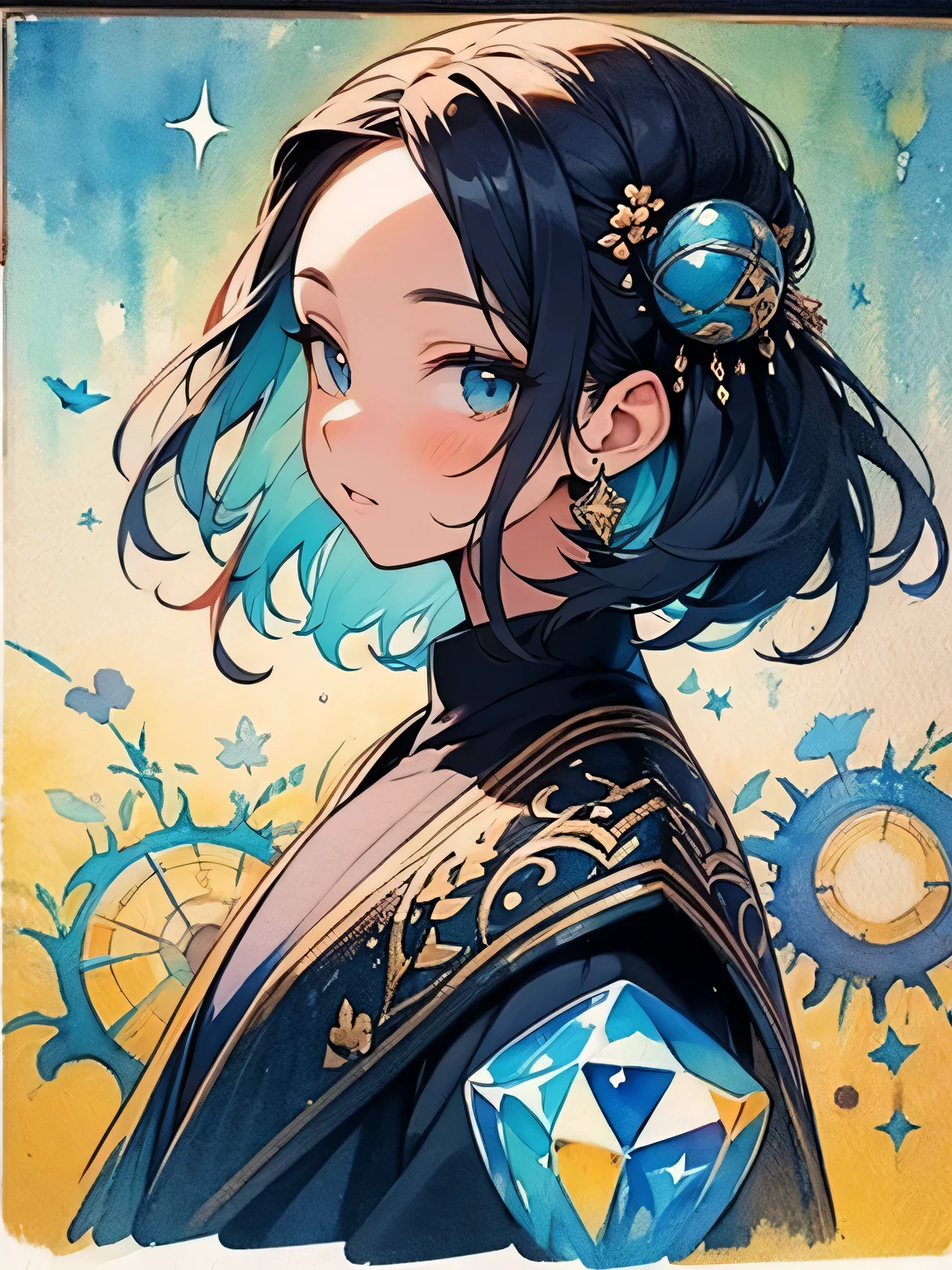 (sideview),(looking at viewer:1.3),alone,white single bun,forehead,old female,Fortune Teller's Face Veil、Western fortune teller、Fortune teller costume、 Crystal Balls 、Telling fortune、like a painting、watercolor画風, The Art of Mathematics, Official Art, Masterpiece , beautiful, ((watercolor)), paint splashes , complex details. very detailed, [Drooping:0.7],