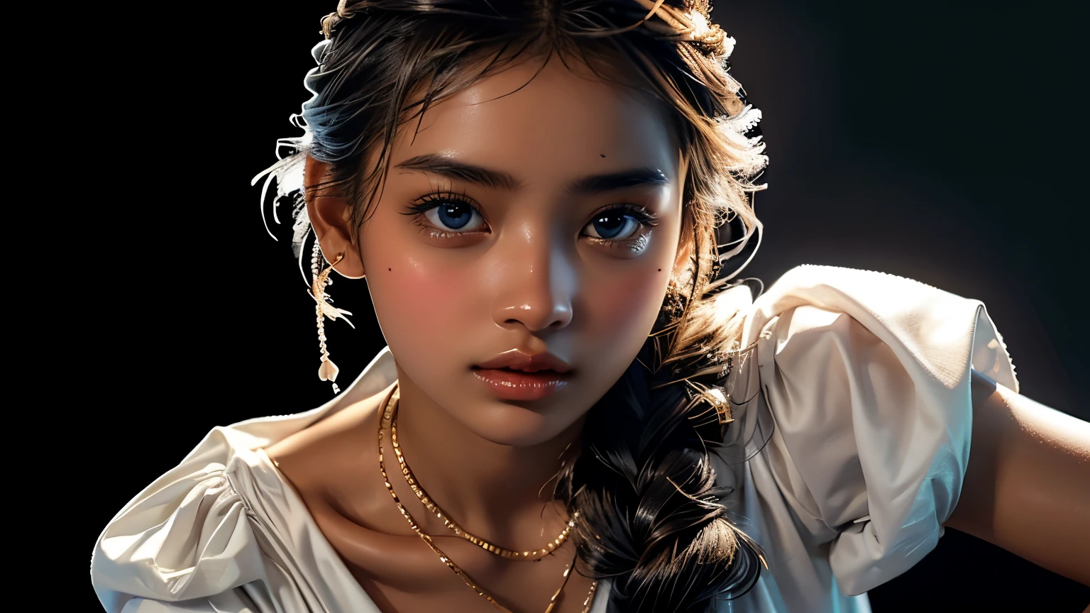 1 girl , high definition , High Quality , masterpiece on penis , white dress, braided ,Super beautiful girl,dark skin, enchanting face 、Highly detailed faces、 perfect face、golden balance, Professional Lighting