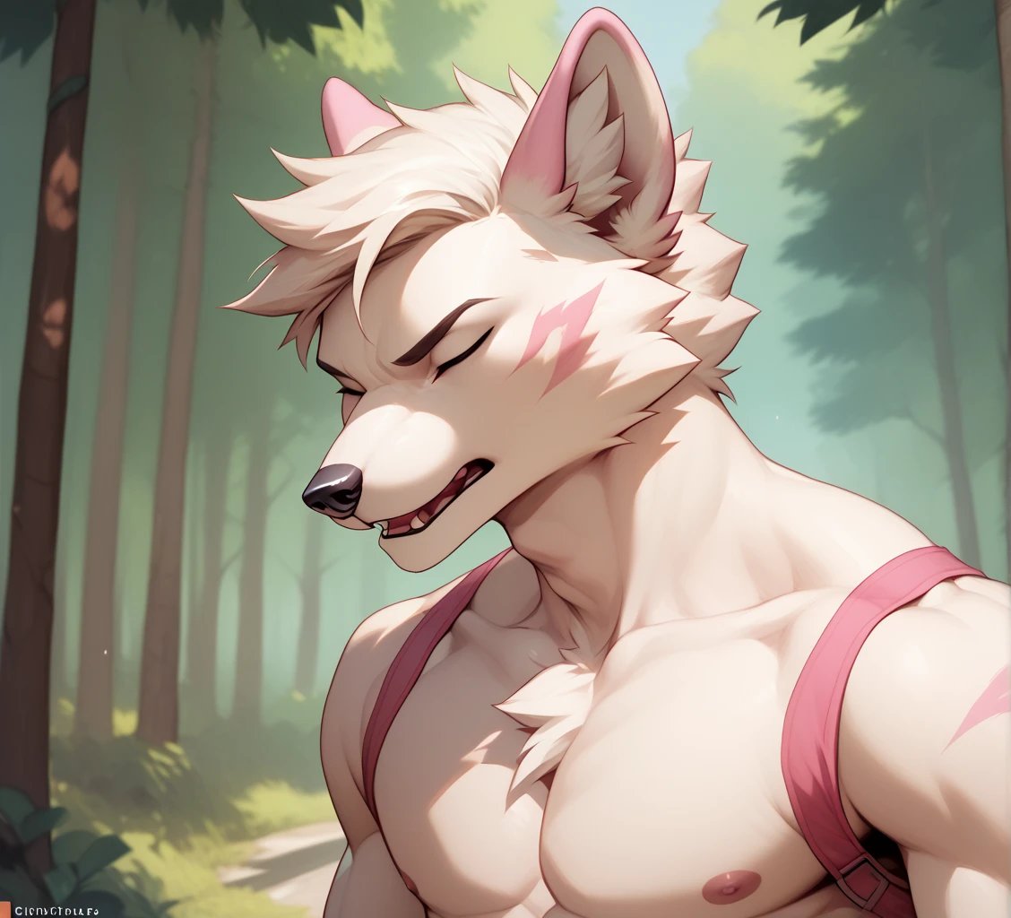 male, anthropomorphic, arctic fox, white body, pink stripes, pink nails, skinny, weak, runners body, slim build, ultra realistic, closeup, chest and arms only, upper body only, mouth closed, facing viewer, forest, no shirt, eyes opened, looking at viewer, shirtless 