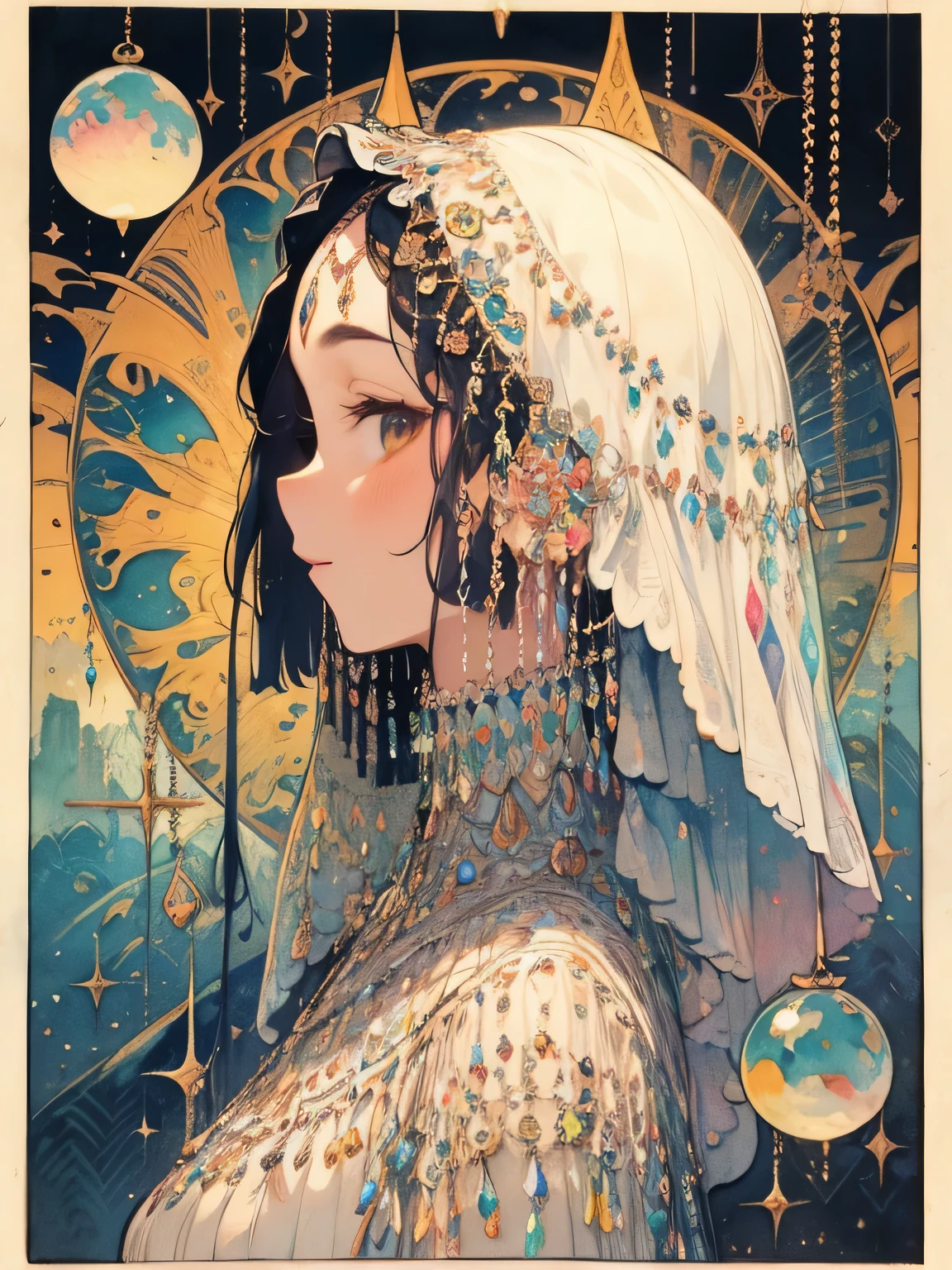 (sideview),(looking at viewer:1.3),alone,white single bun,(Forehead Chain Veil),old female,Fortune Teller's Face Veil、Western fortune teller、Fortune teller costume、 Crystal Balls 、Telling fortune、like a painting、watercolor画風, The Art of Mathematics, Official Art, Masterpiece , beautiful, ((watercolor)), paint splashes , complex details. very detailed, [Drooping:0.7],