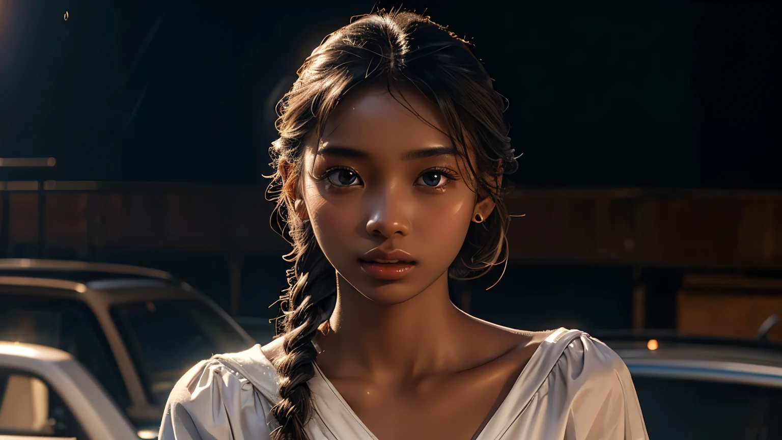 1 girl , high definition , High Quality , masterpiece on penis , white dress, braided ,Super beautiful girl,dark skin, enchanting face 、Highly detailed faces、 perfect face、golden balance, Professional Lighting,Outdoor