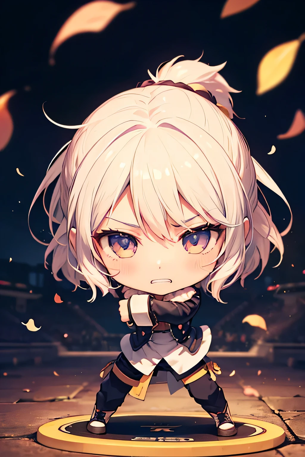 Serious girl, fighting, ( showing teeth), standing, combat pose,  mmorpg background ,  mmorpg background (A stranger), complete anatomy,   graphic effects , ribbon ornament, aura, height 159 cm  ( 5 feet 3 inches ), hard fists ,  caste summoning circle ability Guillotine Fist((kanji)( ragnarok online ), Blue Fire Force +vapor,  fire around, strong breeze , black and white cat mascot ,  sakura petals and leaves , primera persona, blush,  looking at the spectator , Charm, Pausa de toque ciego  looking at the spectator ,  anime style very detailed face, 8K, light and shadow effect.  masterpiece,  The best quality , fullbody, Chibi, , (change:1.2), Nendoroide, PVC models 