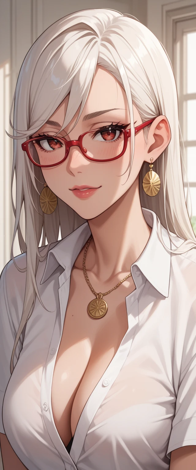 Score_9, Score_8_up, Score_7_up, Score_6_up, Score_5_up, Score_4_up, Source_anime, Tag1, Tag2, Quality_masterpiece, Seiko Ayase from anime dan da dan, Girl,  long hair,white hair, red glasses,seductive