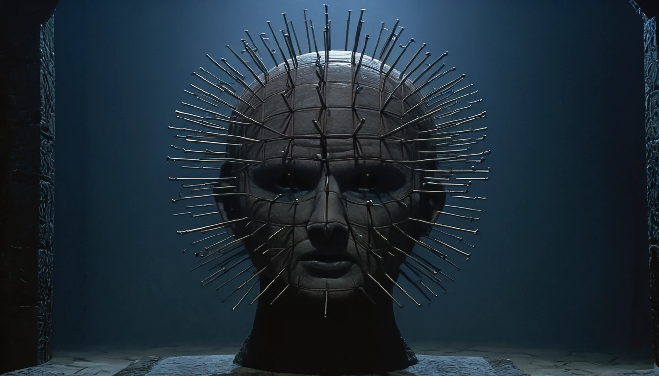 Pinhead, labyrinthine structure, shifting geometric patterns, thick atmosphere of dread, satanic imagery, moonlit starless night,hyperrealistic,Pinhead at the heart of a labyrinthine structure, surrounded by walls of shifting geometric patterns, the atmosphere thick with a sense of dread, with subtle hints of satanic imagery embedded within the architecture, under a moonlit, starless night.