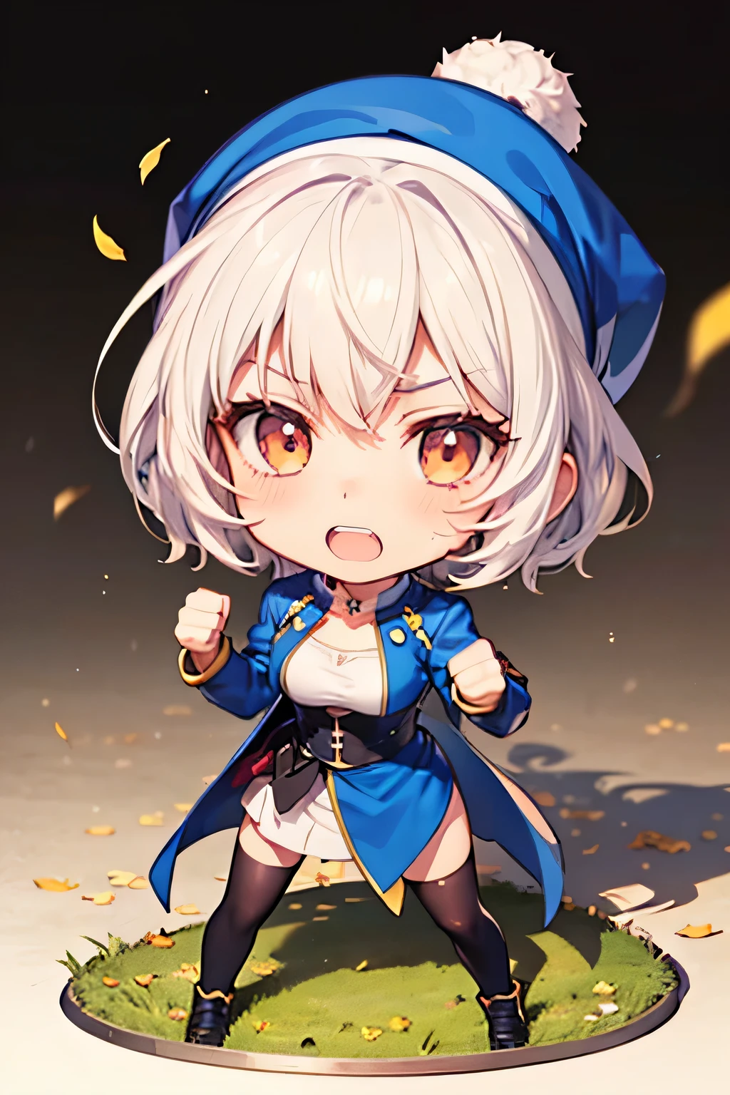 Serious girl, fighting, ( showing teeth), standing, combat pose,  mmorpg background ,  mmorpg background (A stranger), complete anatomy,   graphic effects ,  ornament of an accessory shaped like a flower on her head, aura, height 159 cm  ( 5 feet 3 inches ), hard fists ,  caste summoning circle ability Guillotine Fist((kanji)( ragnarok online ), Blue Fire Force +vapor,  fire around, strong breeze , black and white cat mascot ,  sakura petals and leaves , primera persona, blush,  looking at the spectator , Charm, Pausa de toque ciego  looking at the spectator ,  anime style very detailed face, 8K, light and shadow effect.  masterpiece,  The best quality , fullbody, Chibi, , (change:1.2), Nendoroide, PVC models 