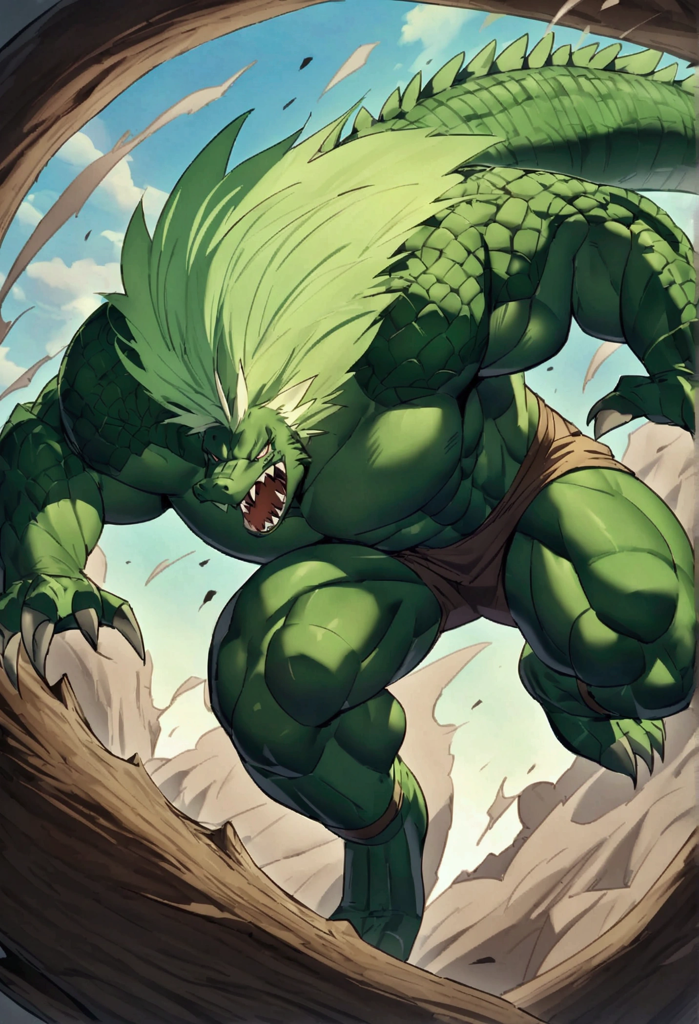 Dragon Orc,Strong body,muscular,Like a born strong man。His skin looks healthy and fair...,Muscle and fat intertwined,Create unique skin texture,Perfect and powerful。
His arms are as strong as iron pillars,Well-defined muscles,It seems to contain infinite power。Palms are generous,Sharp fingers and claws,Showing his wildness and strength。
He has a big heart,Muscle bulge,As if it could withstand any impact。Very good abdominal muscles,腰部Full of power,Like an indestructible mountain。
His legs are muscular,Seems to be able to overcome any obstacle。Calf muscle lines are smooth,Full of power,A dragon that looks strong and agile'The tail is strong and powerful,The scales at the end of the tail shone with cold light,Showing his majesty and mystery。
The whole picture is dominated by cold colors..,强调白Dragon Orc的力量和威严。In the treatment of light and shadow,Let the gentle sunshine shine on him,Make his muscles more three-dimensional and vivid。at the same time,Pay attention to his facial expressions and eyes,He showed his perseverance and courage,Like an invincible strongman。