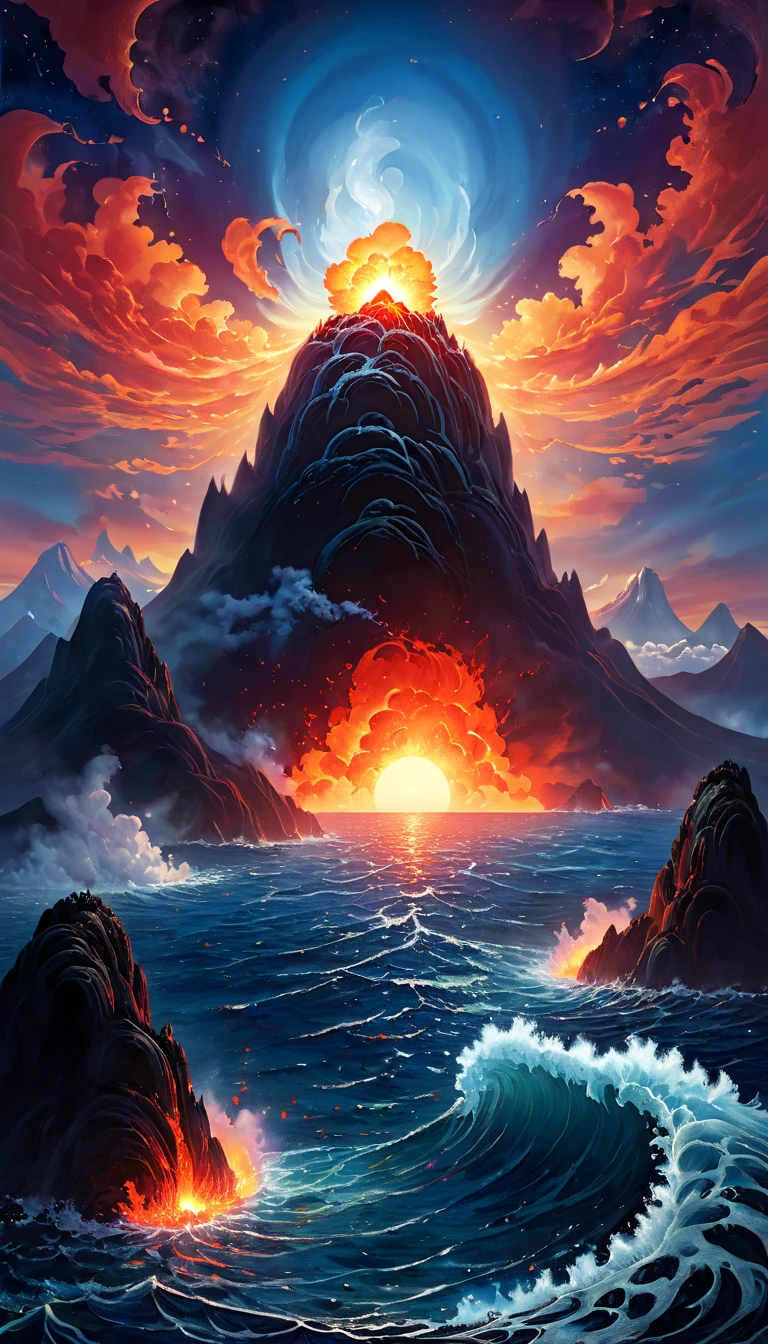  The center of the sea has a huge volcano ( Moon )， A mysterious volcano erupts fiery lava around the mountains.( radiates dazzling light ) God's light shines .  against the background of a huge volcano .  There is a very thick layer of fog . The atmosphere is mysterious, Stately and stately .,  surrealism,  Surprising waves and water flowers under the cliff ,  Intricately complex fantasy painting ,  Volcano erupting Moonlight Art Fantasy landscape  ,  Extremely detailed dream scene , Perfect composition, fine detail,  Delicate digital art 