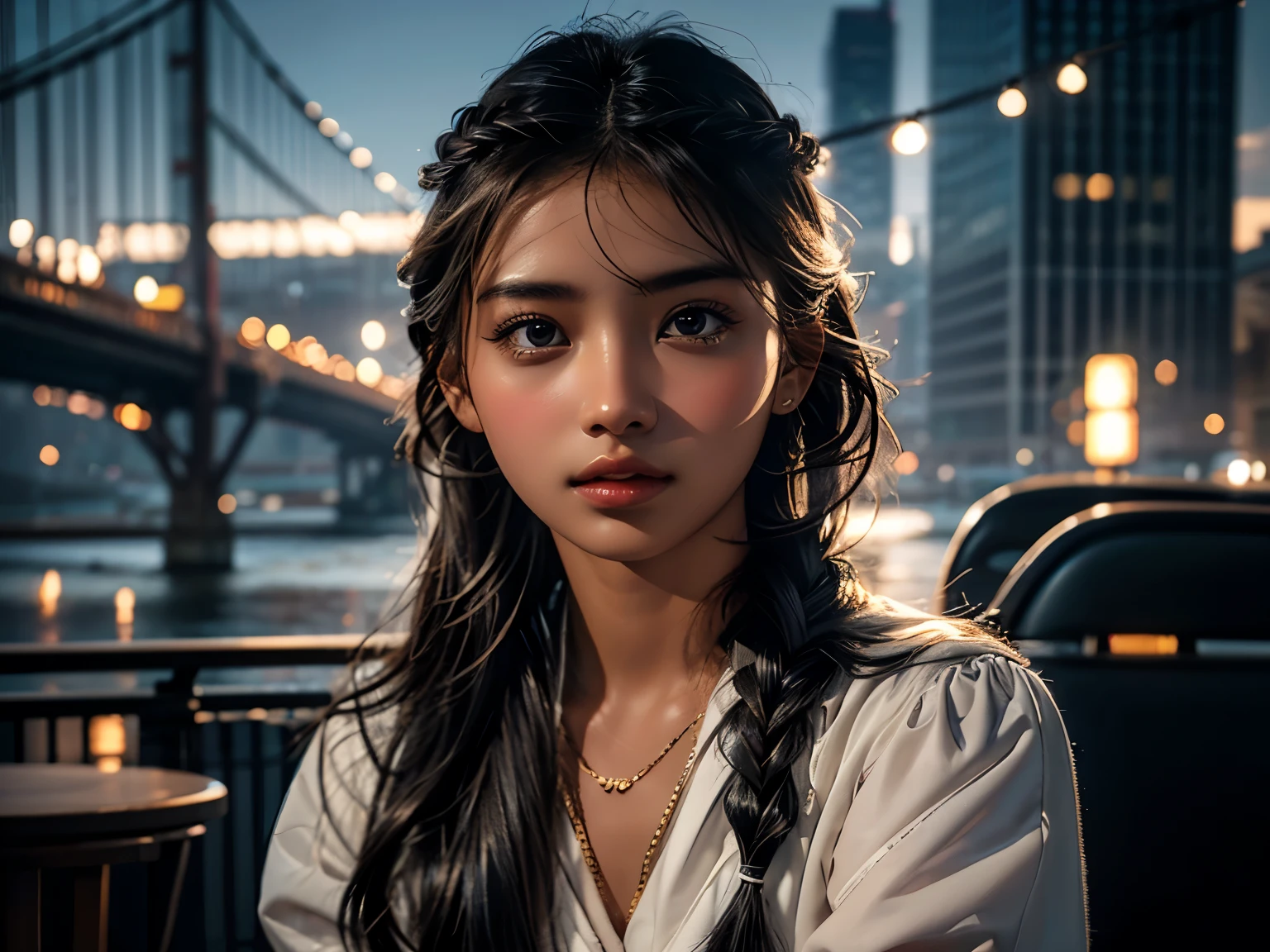 1 girl , high definition , High Quality , masterpiece on penis , white dress, braided ,Super beautiful girl,dark skin, enchanting face 、Highly detailed faces、 perfect face、golden balance, Professional Lighting,In the city