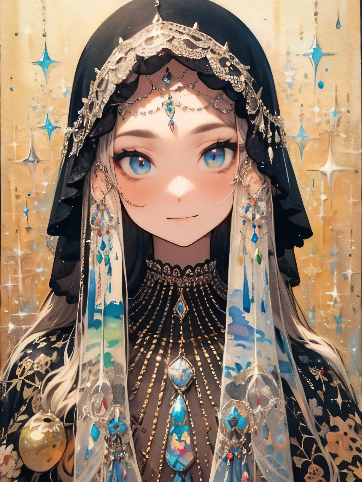 (looking at viewer:1.3),alone,white single bun,(Forehead Chain Veil),old female,Fortune Teller's Face Veil、Western fortune teller、Fortune teller costume、 Crystal Balls 、Telling fortune、like a painting、watercolor画風, The Art of Mathematics, Official Art, Masterpiece , beautiful, ((watercolor)), paint splashes , complex details. very detailed, [Drooping:0.7],