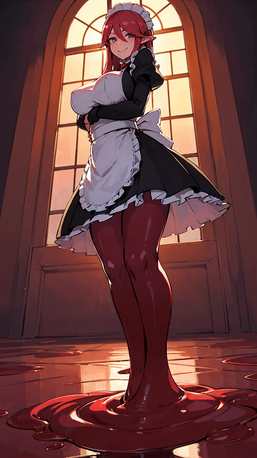 1 girl, (((oni girl))), (((red skin))), horns, white hair, ((maid)), (solo female), white maid apron, maid headdress, maid skirt, (((victorian maid dress))), puffy sleeves, fascinated expression, full body portrait, inside mansion, bedroom background