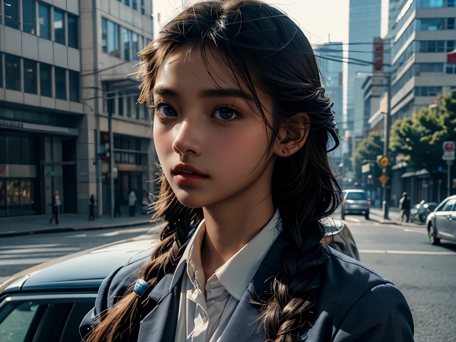  1 girl , high definition ,  High Quality ,  masterpiece on penis ,  school uniform,  braided ,Super beautiful girl,dark skin, enchanting face 、Highly detailed faces、 perfect face、golden balance, Professional Lighting,In the city