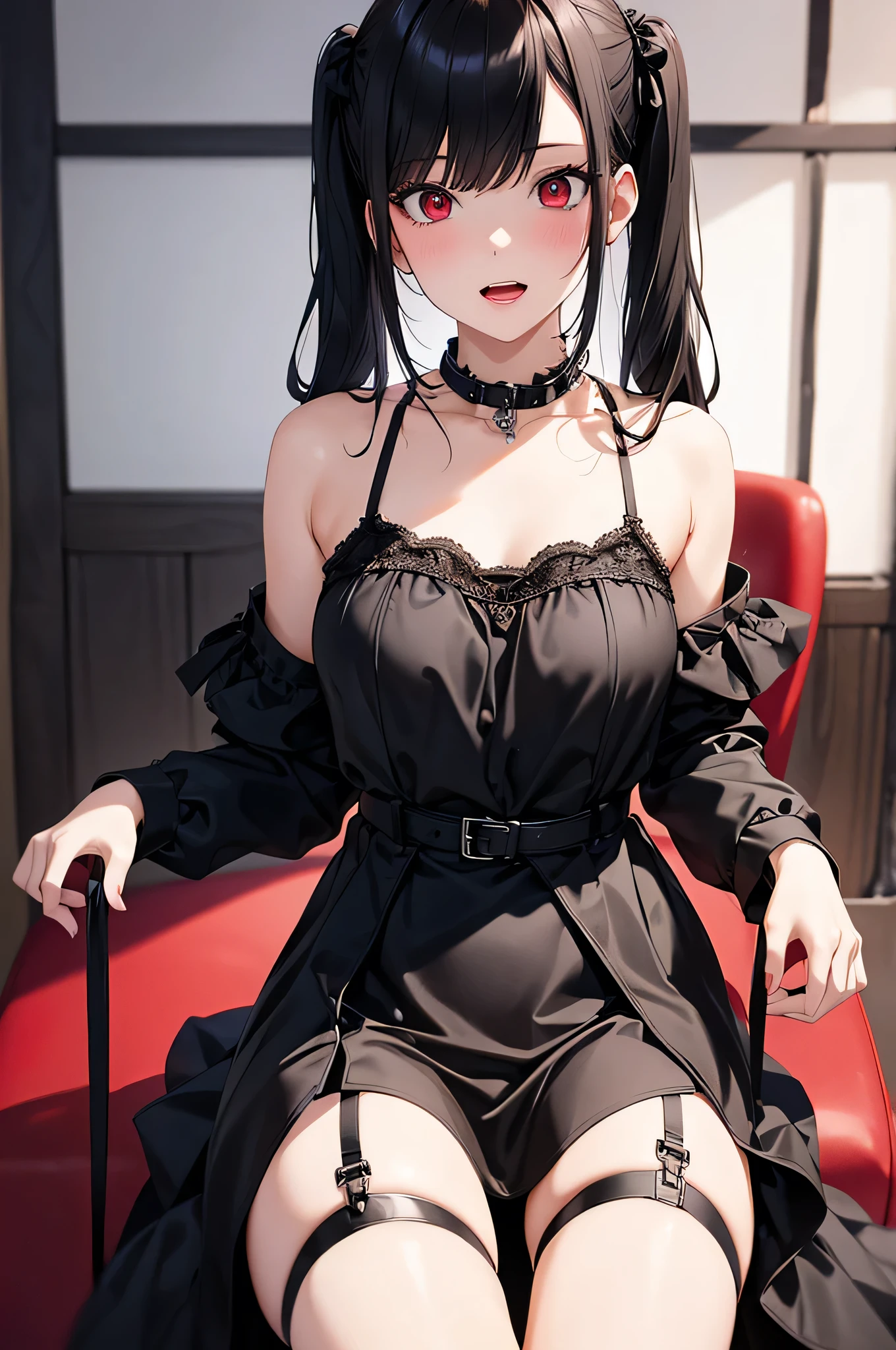 adult woman, Alone, sexy,8K resolution,(( top quality)), super high resolution, (Glaring Face), (Red eyes), beautiful symmetrical face , (Black Patten Twin Tails), black gothic dress,gothic mini skirt,Black string panties , garter belt,Realistic:1.4, realistic :1.4,(masterpiece:1.2), perfect eyes, perfect eyes, Anatomically Correct Human Body ,Perfect waist,Perfect thighs,( open your mouth:1.1),Sigh, sit on a chair,arrogant