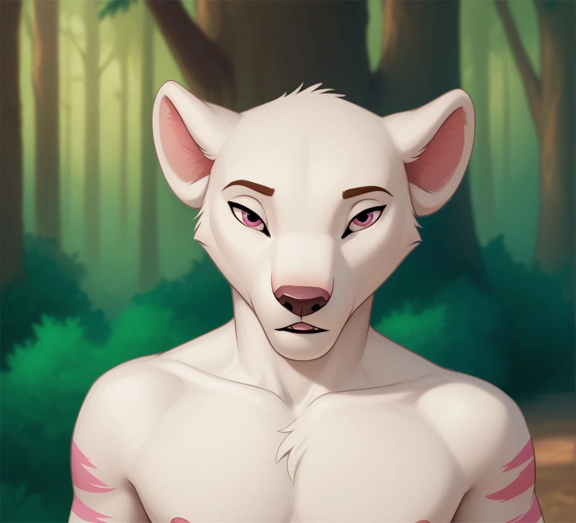 male, anthropomorphic, arctic fox, white body, pink stripes, pink nails, skinny, weak, runners body, slim build, ultra realistic, closeup, chest and arms only, upper body only, mouth closed, facing viewer, forest, no shirt, eyes opened, looking at viewer, shirtless 