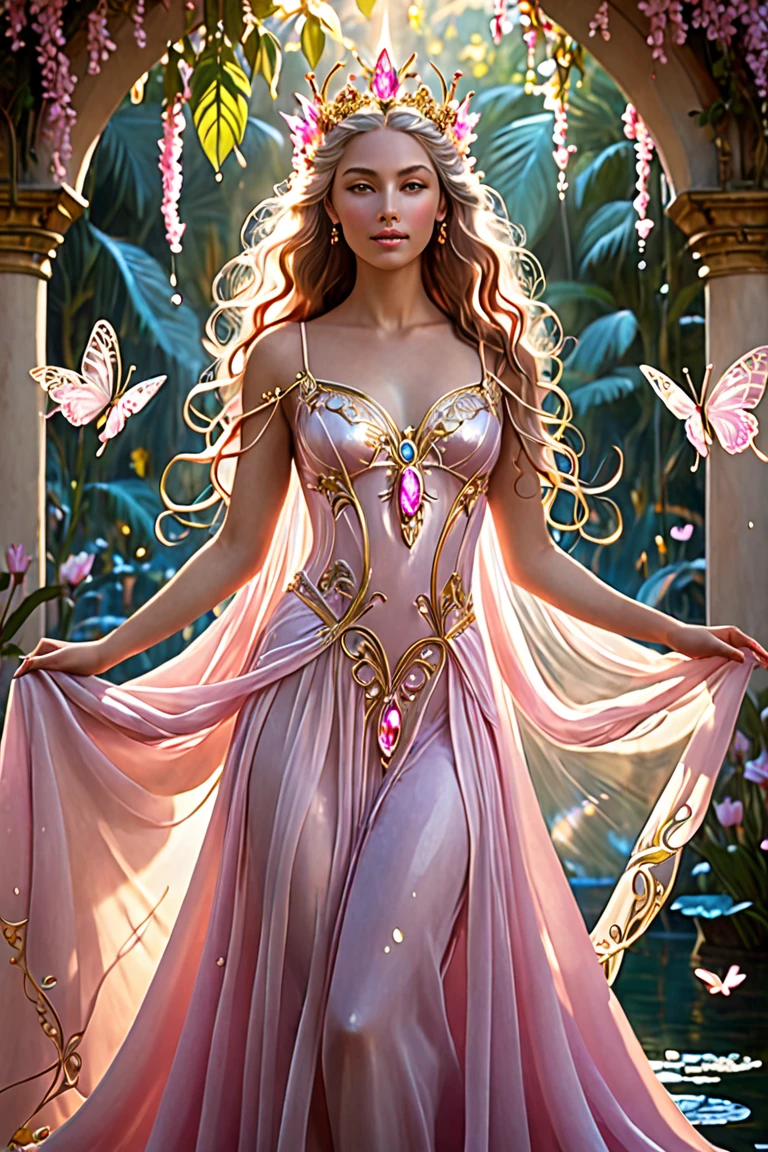(Best quality,8K,A high resolution,Masterpiece:1.2),Ultra-detailed,(Realistic,Photorealistic,photo-realistic:1.37),Portrait,Creative style artwork,Historical,classical,Sophisticated,plethora of colors,Highly detailed,Soft lighting,luxurious environment,detailed gown,Vibrant flowers,detailed jewellery,Ethereal atmosphere,Elegant Pose,Graceful curves,Gold body proportions，Flowing hair,Breathtaking textile patterns,Harsh purple eyes,Delicate floral decoration,A dazzling array of crystal accessories,Mysterious and dreamy atmosphere,Impeccable attention to detail.