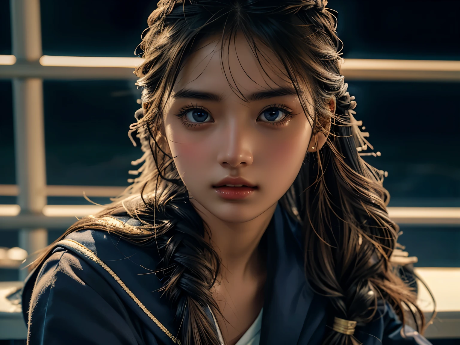 1 girl , high definition , High Quality , masterpiece on penis , sailor suit , braided ,Super beautiful girl,dark skin, enchanting face 、Highly detailed faces、 perfect face、golden balance, Professional Lighting,In the city