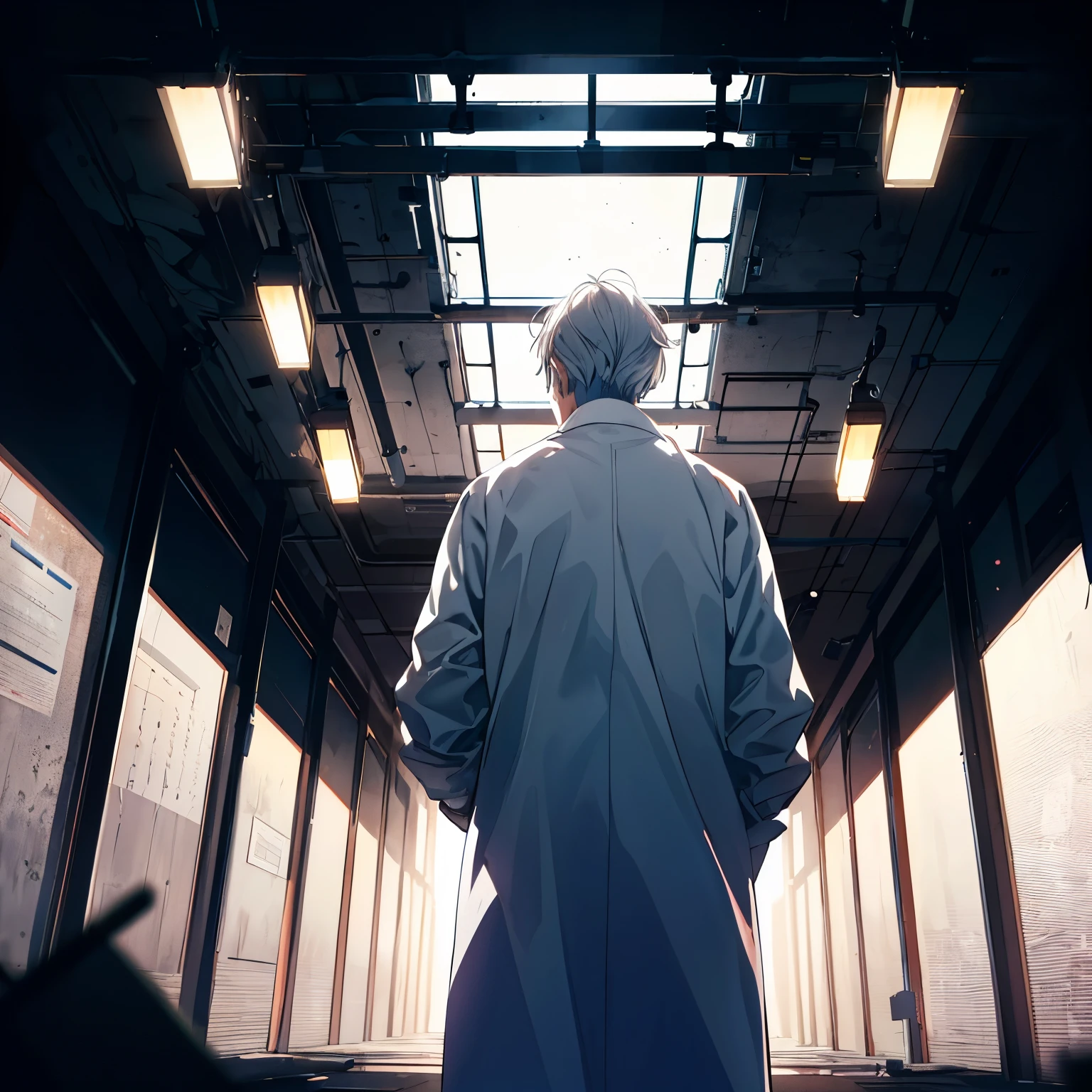 (from back), (from below), (serious, shouting to crowd, open mouth), 1 male, (upper body), (((closed eyes, ((tareme))))), ((forehead)), (gray hair), (white coat), cinematic lighting, dramatic lighting, Sharp Focus, (Best Quality, masterpiece, detailed, facial focus), researcher, glasses, [old man, elderly], (desolate room), ((passionate gesture)), (scientists are looking viewer, multiple silhouettes of scientists)