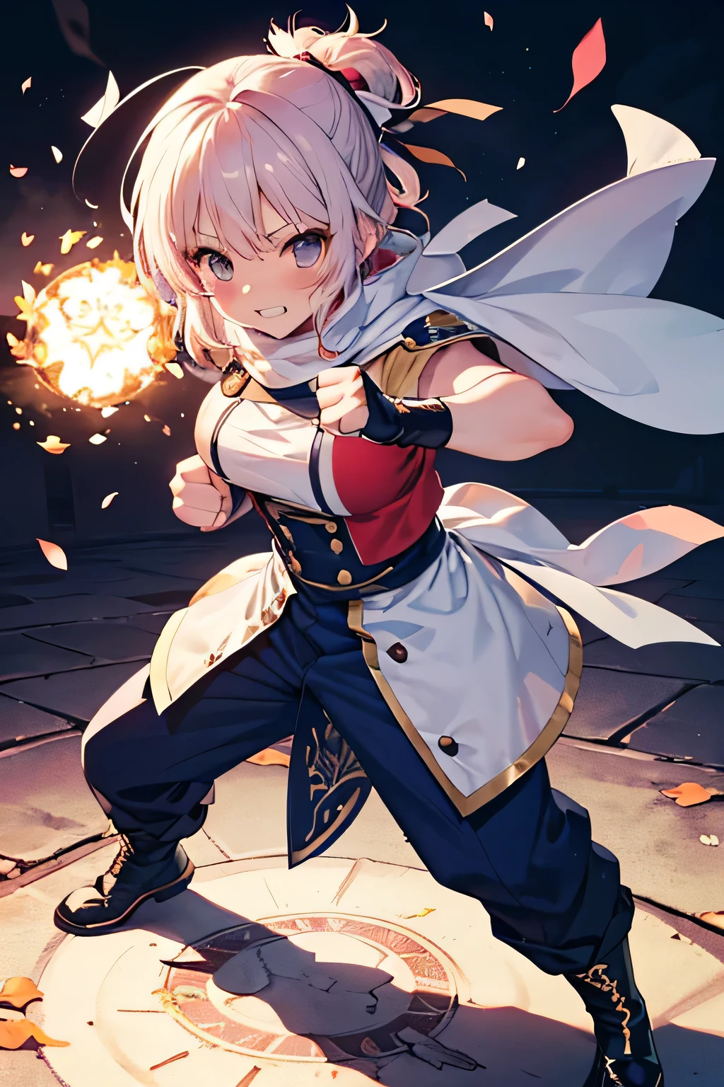 Serious girl, fighting, ( showing teeth), standing, combat pose,  mmorpg background ,  mmorpg background (A stranger), complete anatomy,   graphic effects , ribbon ornament, aura, height 159 cm  ( 5 feet 3 inches ), hard fists ,  caste summoning circle ability Guillotine Fist((kanji)( ragnarok online ), Blue Fire Force +vapor,  fire around, strong breeze , black and white cat mascot ,  sakura petals and leaves , primera persona, blush,  looking at the spectator , Charm, Pausa de toque ciego  looking at the spectator ,  anime style very detailed face, 8K, light and shadow effect.  masterpiece,  The best quality , fullbody, Chibi, , (change:1.2), Nendoroide, PVC models 