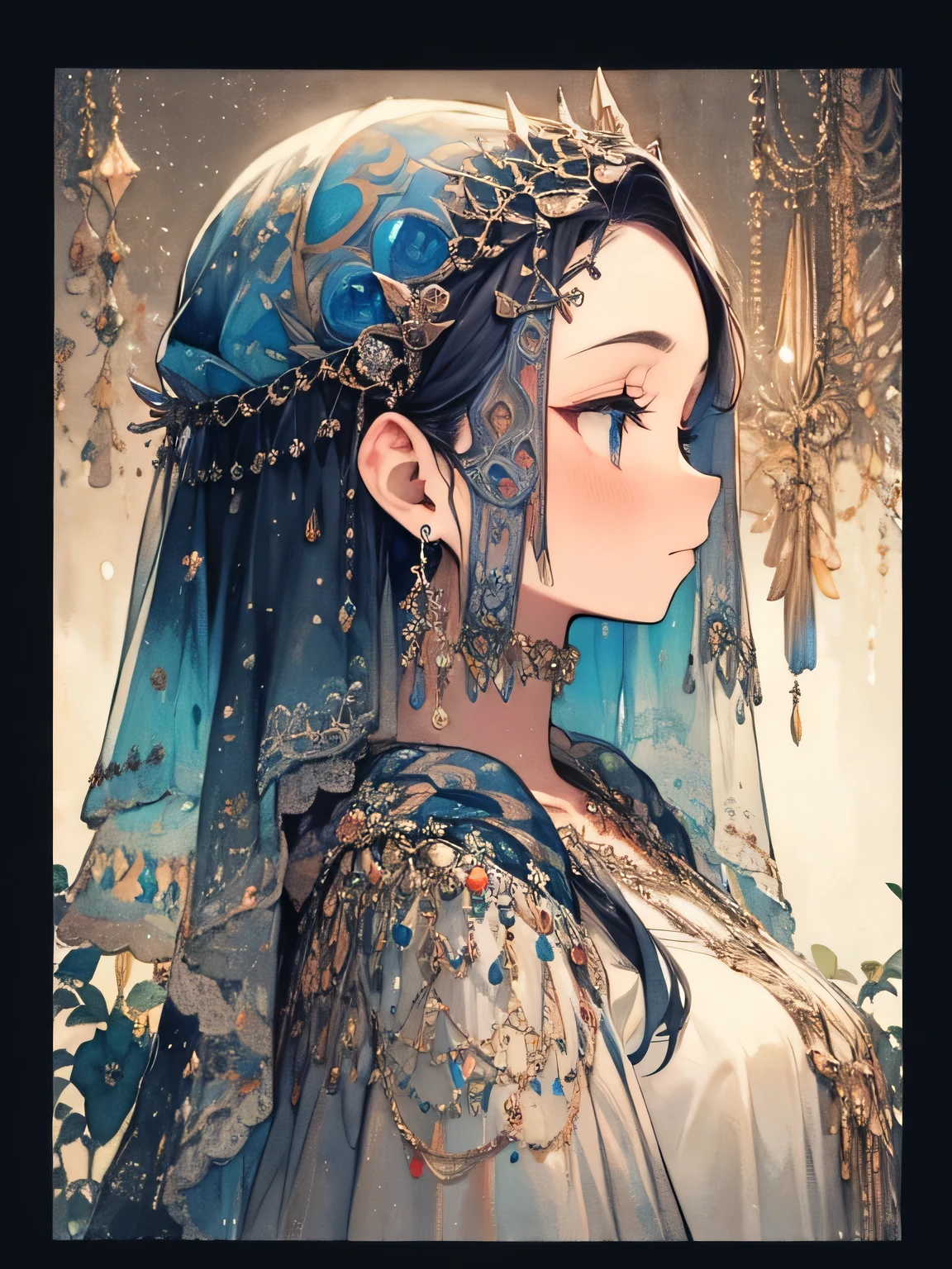 (sideview),alone,(upperbody),black single bun,(Forehead Chain Veil),old female,Fortune Teller's Face Veil、Western fortune teller、Fortune teller costume、 Crystal Balls 、Telling fortune、like a painting、watercolor画風, The Art of Mathematics, Official Art, Masterpiece , beautiful, ((watercolor)), paint splashes , complex details. very detailed, [Drooping:0.7],