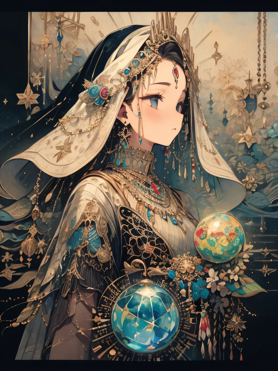 (sideview),alone,(upperbody),black single bun,(Forehead Chain Veil),old female,Fortune Teller's Face Veil、Western fortune teller、Fortune teller costume、 Crystal Balls 、Telling fortune、like a painting、watercolor画風, The Art of Mathematics, Official Art, Masterpiece , beautiful, ((watercolor)), paint splashes , complex details. very detailed, [Drooping:0.7],