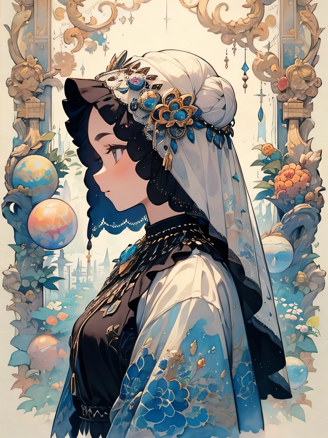 (sideview),alone,(upperbody),black single bun,(Forehead Chain Veil),old female,Fortune Teller's Face Veil、Western fortune teller、Fortune teller costume、 Crystal Balls 、Telling fortune、like a painting、watercolor画風, The Art of Mathematics, Official Art, Masterpiece , beautiful, ((watercolor)), paint splashes , complex details. very detailed, [Drooping:0.7],