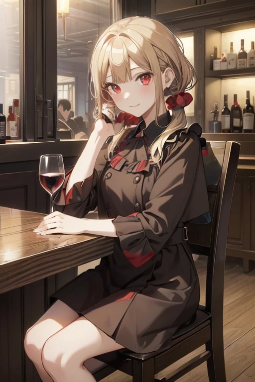 top-quality、Top image quality、​masterpiece、girl with((18year old、Black and red dress、Best Bust、Bust 85、a blond、poneyTail、Red Eyes、open chest wide、close to viewer、Happiness、A slight smil、Gold Accessories、a little drunk、holding a glass of wine、sit a chair)）hiquality、visualart、Background with((Night Bar Counter))、