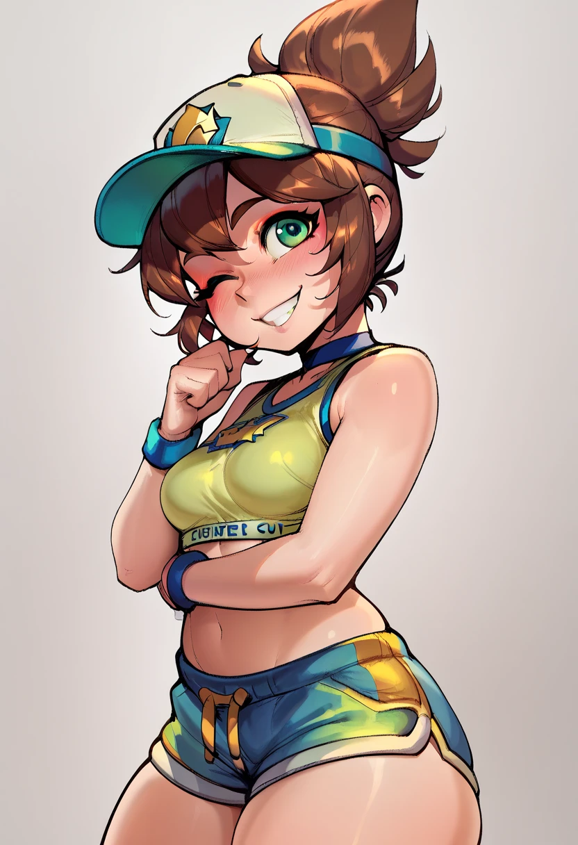 cute young girl, preteeen girl, loli, solo, gym shorts, crop top, sleeveless, baseball cap, thick thighs, skinny body, cute small breasts, perky breasts, brown hair ponytail, green eyes, winking, pale skin, shy smile, simple background,(masterpiece), (best quality), (perfect eyes), (absurdres), (perfect face)