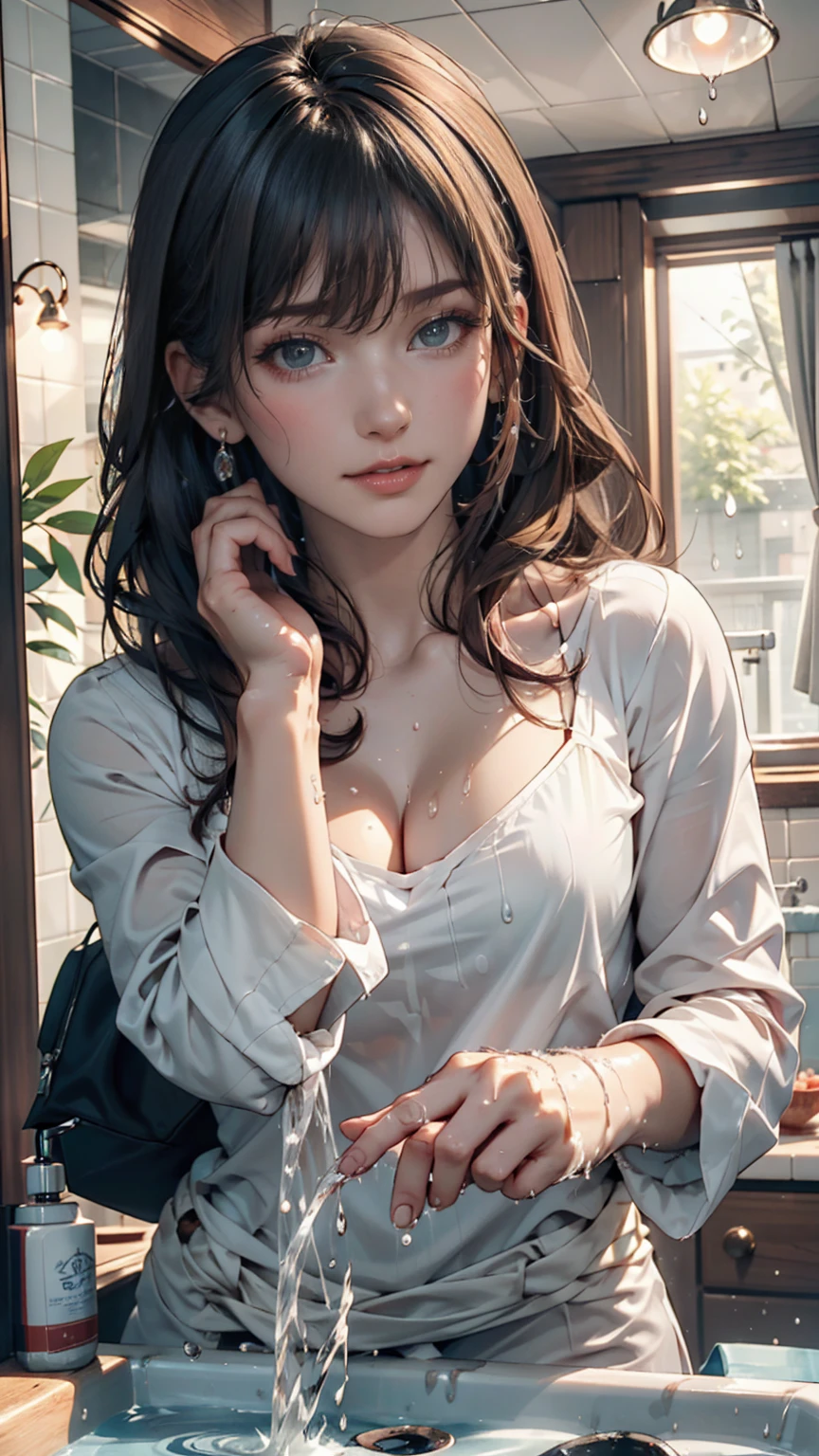 1 woman, 8k, RAW photo, (best quality, masterpiece, intricate detail: 1.4), (realistic, photorealistic: 1.3), (realistic: 1.3), photorealistic, Japanese model, (( Rainy weather)), (Standing on the street in the rain: 1.5), Heavy rain, (Whole body soaking wet: 1.8), ((Thin blouse)), (Light-colored blouse), (Rain wet and transparent skin) Blouse: 1.5), (Blouse that sticks to your skin when it gets wet in the rain: 1.5), (A beautiful woman like a Japanese idol), Age 20, (Small face: 1.5), (Sensual expression), Light makeup, Thin eyebrows, detailed beautiful face, detailed eyes, (tear bags: 1.5), detailed fingers, detailed legs, detailed skin, medium chest, (wet hair: 1.8), (wet bangs: 1.3) , (wet skin: 1.8), (see-through nipple protrusion), shiny hair, shiny skin, ((wet and watery hair: 1.3)), (wet and watery skin :1.3)