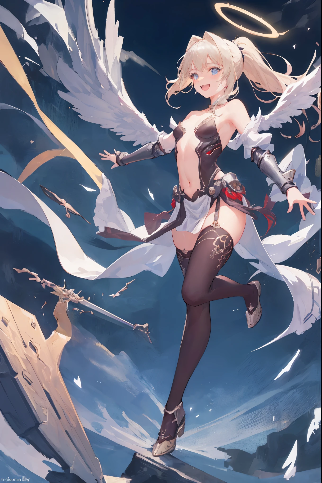 masterpiece, best quality, integrated scenery, integrated background, extremely delicate and beautiful, meticulous details, good composition, , cute face, perfect face, perfect hands  fantasy, 1angel_girl, low_teen,shiny_blond_hair,ponytail,long_bangs, (fair_skin), bare_shoulder, thighhighs,silver_shiny_armor, (bare_flank:1.3),(bare_side_chest:1.3),sidelock_tabart, Glebe, grab_swords_emits_light, medium_breasts, dynamic_flying_pose,Floating, (1pair_white_wings:1.2),(pelvic_curtain:1.3), silver_Headgear ,looking_down_at_night_city_sky_background,,slightly_spread_legs, some_swords_emits_light,some_swords_emits_light_floating_around_the_girl,solo,glare_halo,laugh ,smile,open_mouth,open_legs,open_arms,rise_knee,rise_leg,rise_thigh,rise_leg,forward_leaning_posture,apart_legs,