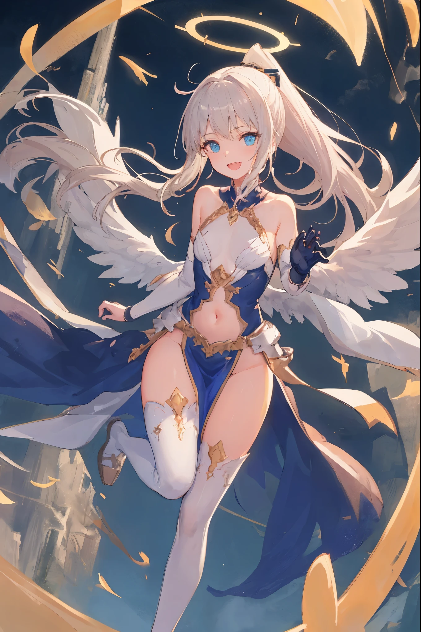 masterpiece, best quality, integrated scenery, integrated background, extremely delicate and beautiful, meticulous details, good composition, , cute face, perfect face, perfect hands  fantasy, 1angel_girl, low_teen,shiny_blond_hair,ponytail,long_bangs, (fair_skin), bare_shoulder, thighhighs,silver_shiny_armor, (bare_flank:1.3),(bare_side_chest:1.3),sidelock_tabart, Glebe, grab_swords_emits_light, medium_breasts, dynamic_flying_pose,Floating, (1pair_white_wings:1.2),(pelvic_curtain:1.3), silver_Headgear ,looking_down_at_night_city_sky_background,,slightly_spread_legs, some_swords_emits_light,some_swords_emits_light_floating_around_the_girl,solo,glare_halo,laugh ,smile,open_mouth,open_legs,open_arms,rise_knee,rise_leg,rise_thigh,rise_leg,forward_leaning_posture,apart_legs,