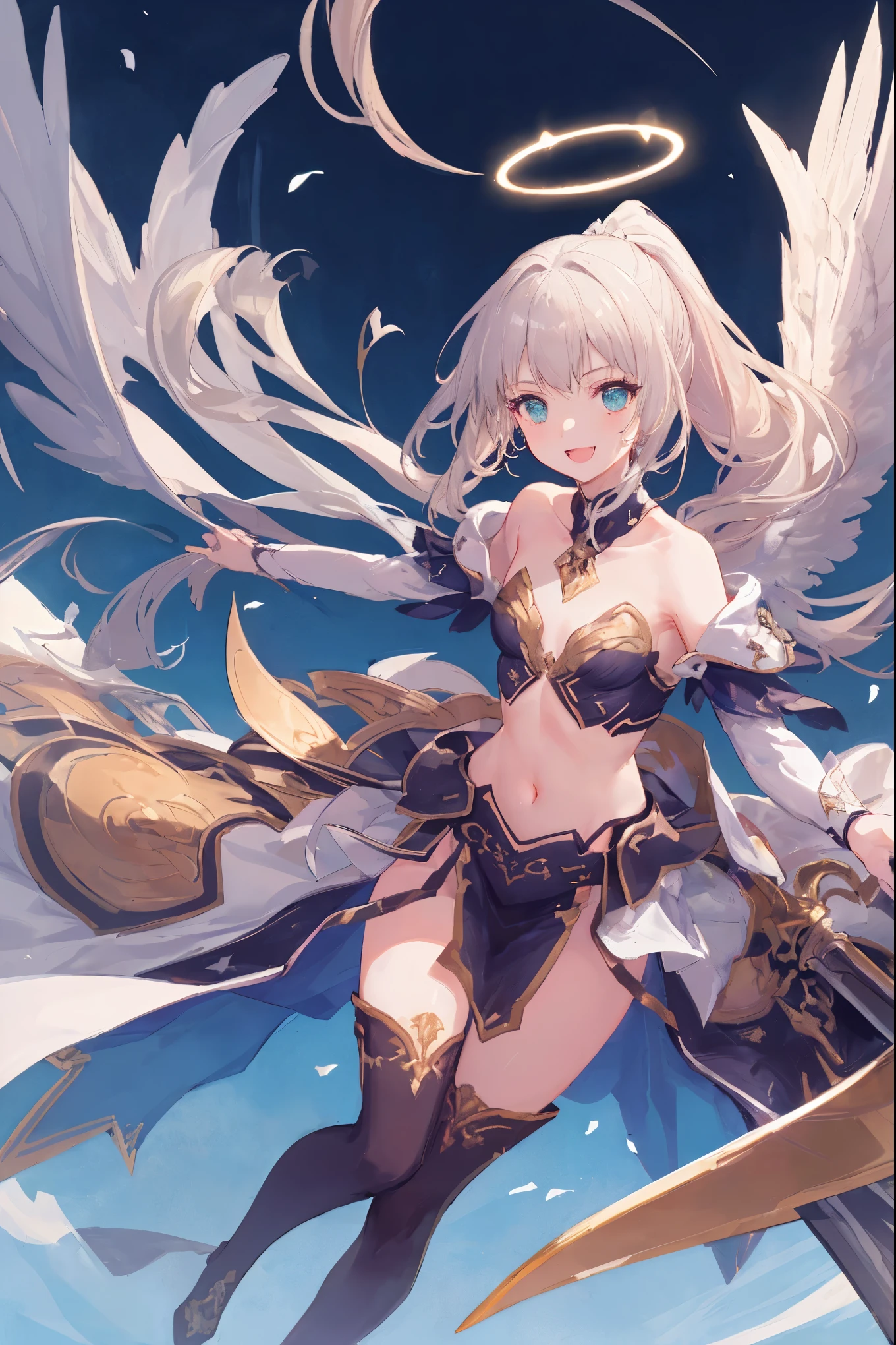 masterpiece, best quality, integrated scenery, integrated background, extremely delicate and beautiful, meticulous details, good composition, , cute face, perfect face, perfect hands  fantasy, 1angel_girl, low_teen,shiny_blond_hair,ponytail,long_bangs, (fair_skin), bare_shoulder, thighhighs,silver_shiny_armor, (bare_flank:1.3),(bare_side_chest:1.3),sidelock_tabart, Glebe, grab_swords_emits_light, medium_breasts, dynamic_flying_pose,Floating, (1pair_white_wings:1.2),(pelvic_curtain:1.3), silver_Headgear ,looking_down_at_night_city_sky_background,,slightly_spread_legs, some_swords_emits_light,some_swords_emits_light_floating_around_the_girl,solo,glare_halo,laugh ,smile,open_mouth,open_legs,open_arms,rise_knee,rise_leg,rise_thigh,rise_leg,forward_leaning_posture,apart_legs,