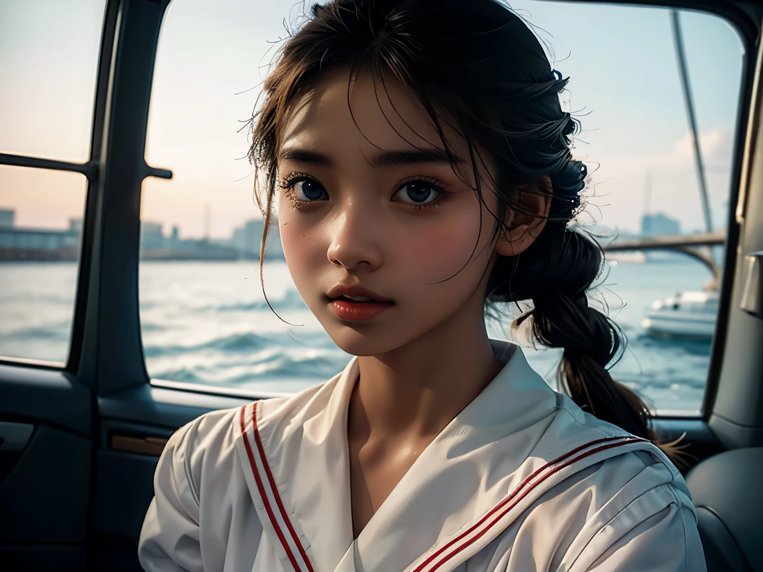 1 girl , high definition , High Quality , masterpiece on penis , white sailor suit, red ribbon, braided ,Super beautiful girl,dark skin, enchanting face 、Highly detailed faces、 perfect face、golden balance, Professional Lighting,In the city