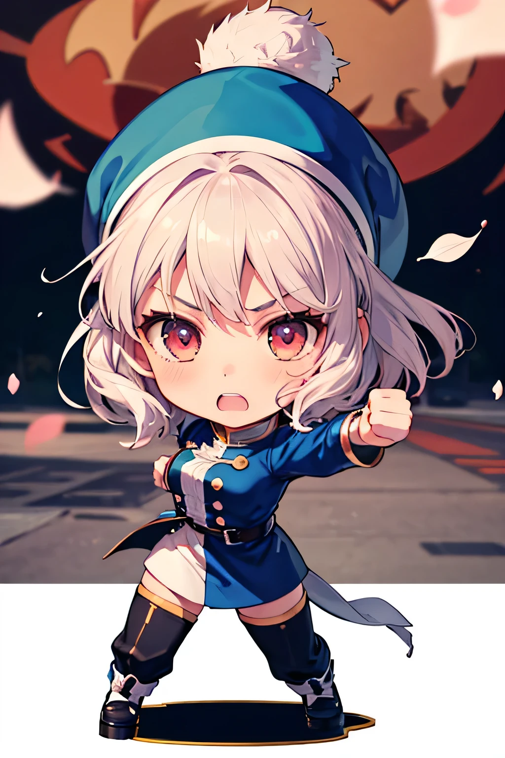 Serious girl, fighting, ( showing teeth), standing, combat pose,  mmorpg background ,  mmorpg background (A stranger), complete anatomy,   graphic effects , ribbon ornament, aura, height 159 cm  ( 5 feet 3 inches ), hard fists ,  caste summoning circle ability Guillotine Fist((kanji)( ragnarok online ), Blue Fire Force +vapor,  fire around, strong breeze , black and white cat mascot ,  sakura petals and leaves , primera persona, blush,  looking at the spectator , Charm, Pausa de toque ciego  looking at the spectator ,  anime style very detailed face, 8K, light and shadow effect.  masterpiece,  The best quality , fullbody, Chibi, , (change:1.2), Nendoroide, PVC models 