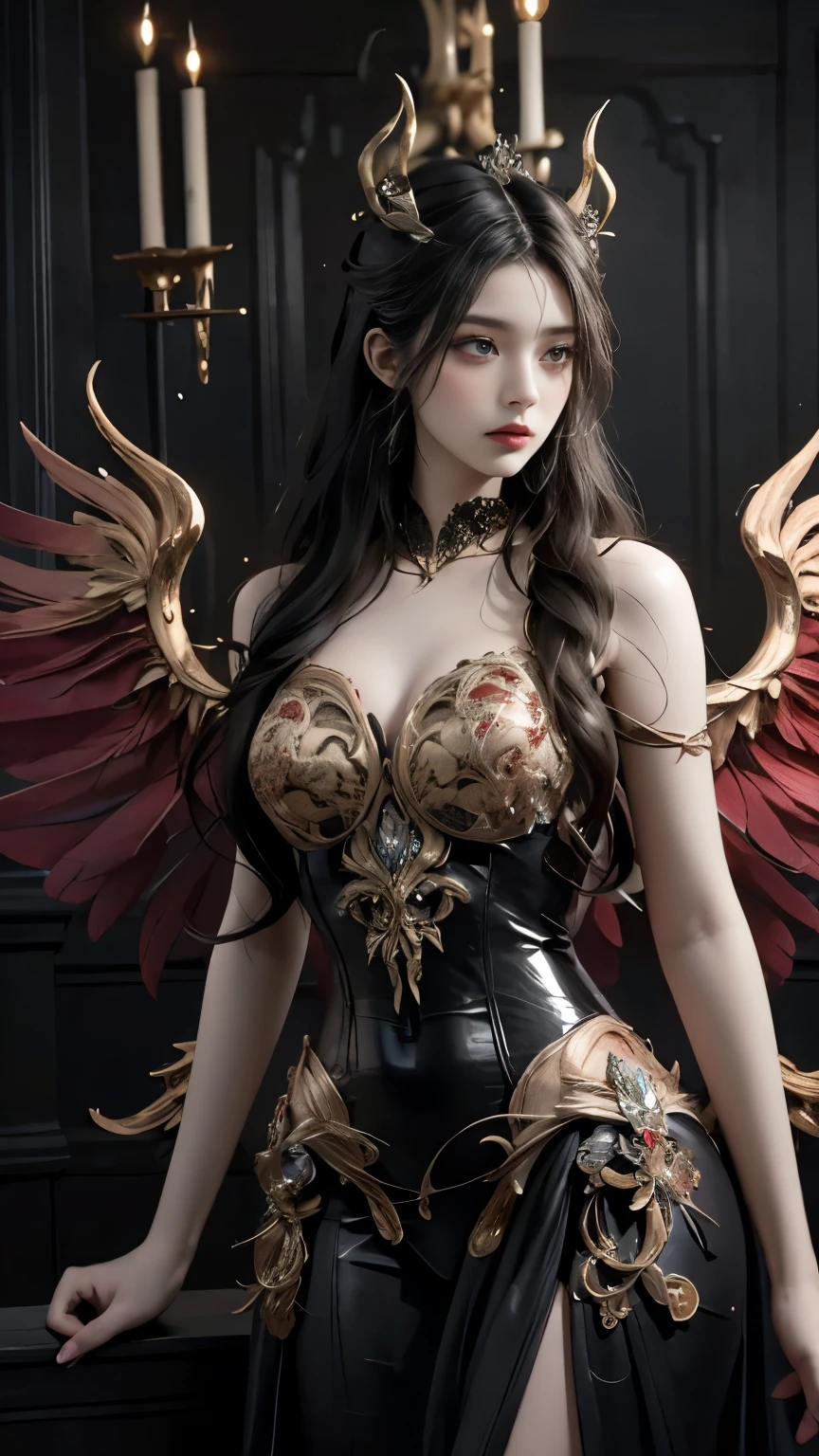 elegant demon queen character, full crimson red skin tone with subtle sheen, matching red horns with golden details, long flowing black hair with straight bangs, sleek black leather outfit design, dark fantasy evening setting, dramatic rim lighting on red skin, enchanted gothic castle interior, ethereal dark atmosphere, renaissance painting composition, gentle purple fog effects, floating dark energy particles, deep rich color palette, ornate gold accessories, mystical aura effects, strong confident pose, dark silk curtains background, crystal chandelier lighting, luxury gothic bedroom setting, magical black feathers floating, subtle flame effects around hands, sharp elegant features, glossy hair effects, dark romantic mood, high contrast lighting