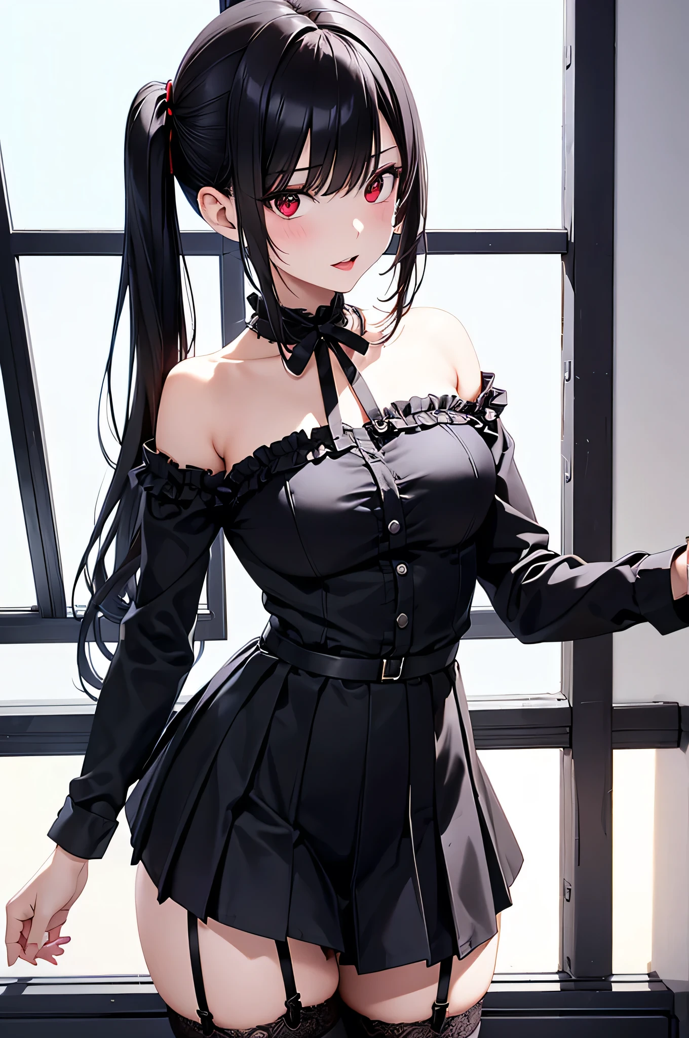 adult woman, Alone, sexy,8K resolution,(( top quality)), super high resolution, (Glaring Face), (Red eyes), beautiful symmetrical face , (Black Patten Twin Tails), black gothic dress,gothic mini skirt,Black string panties , garter belt, stockings,Realistic:1.4, realistic :1.4,(masterpiece:1.2), perfect eyes, perfect eyes, Anatomically Correct Human Body ,Perfect waist,Perfect thighs,( open your mouth:1.1),Sigh,Leaning against the window