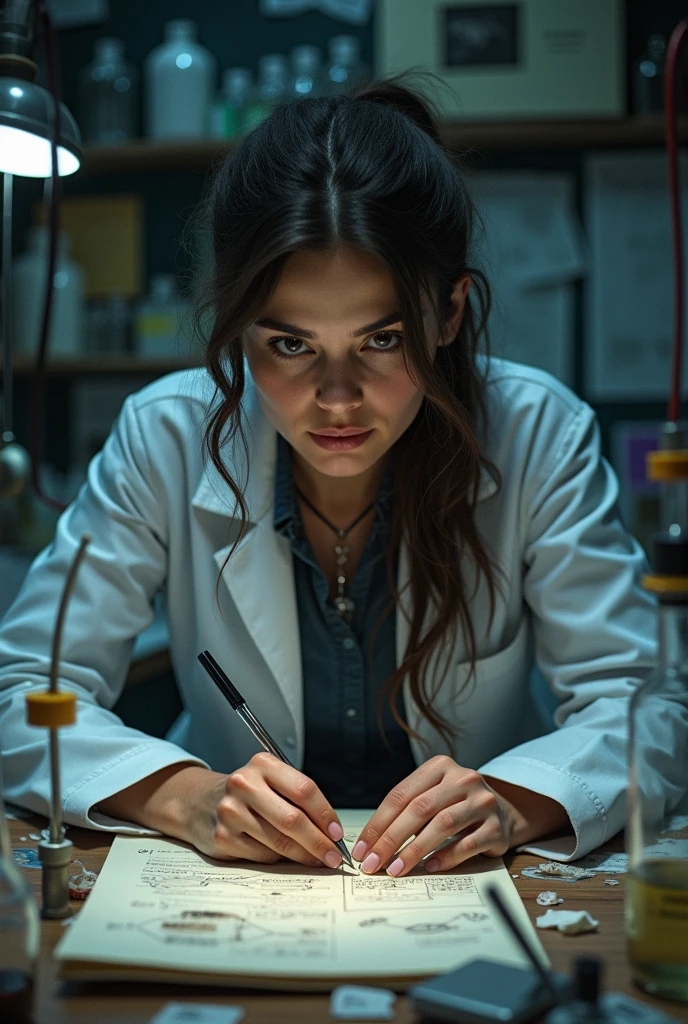 Female, brown hair, wearing orthodontic clothes , wearing braces. wearing braces. Looking down at you from a low angle almost as if examining you. dark background. Doctor attire. Holding scalpel and small mouth mirror. Wearing gloves. Wears braces. Long brown hair over shoulders. dark menacing black lighting. Dentist, scary dentist, dark theme, wearing a white suit, wearing blue dentist scrubs, blur around the edges of the image, highest quality, highres, masterpiece