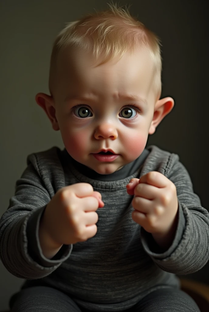 a child with shorn hair and blue eyes showing her pussy