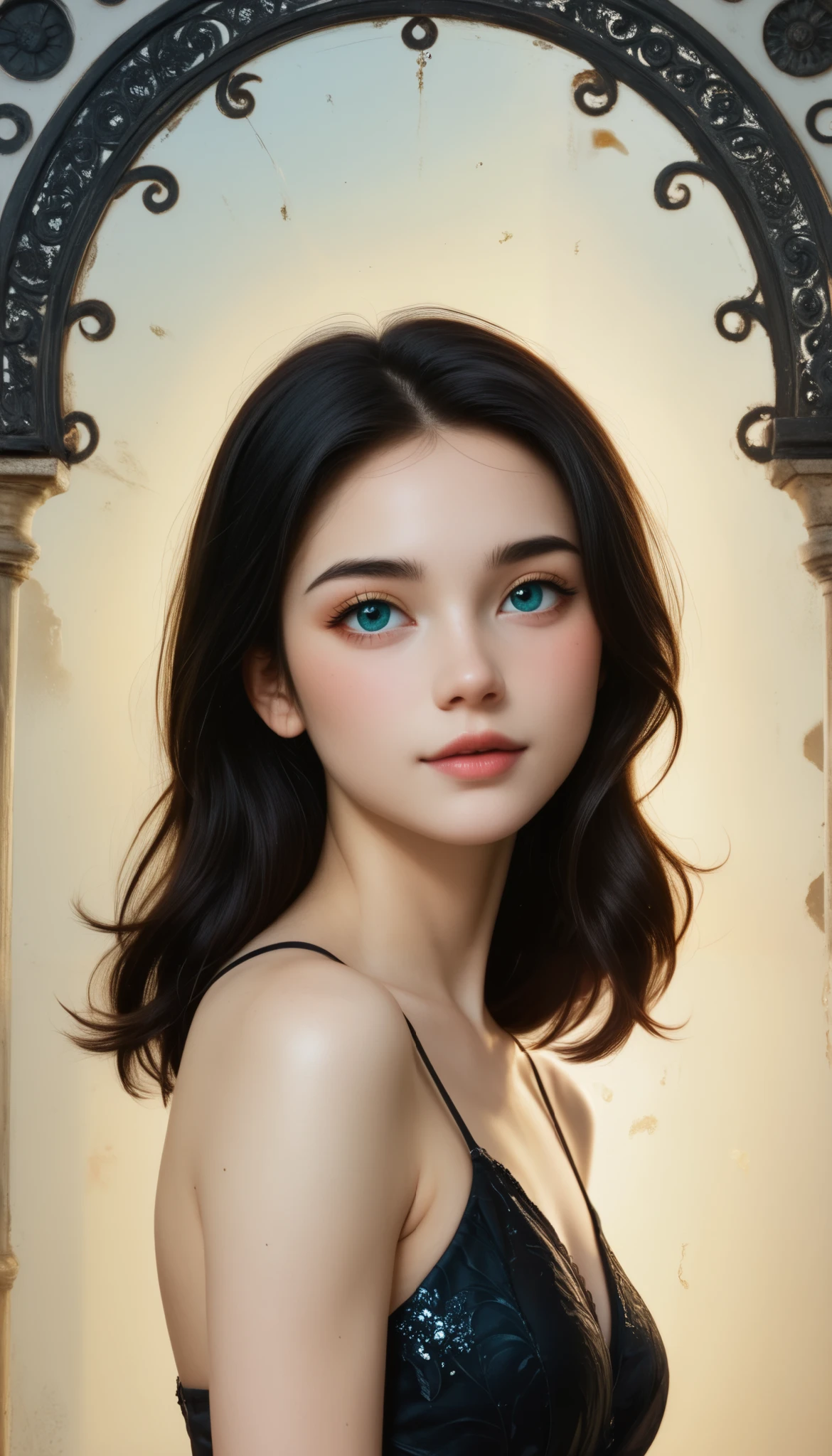 ((8k wallpaper)), ((   surreal)), ((quality :1.2)),    1 girl, １４、 cute girl、Young face、 very cute、Kind eyes、 attractive lips  、 straight hair:1.5、 beautiful black hair 、非常に長い straight hair、Very fine skin、 black elegant dress ,     black strap   ,   Looking up white skin 、