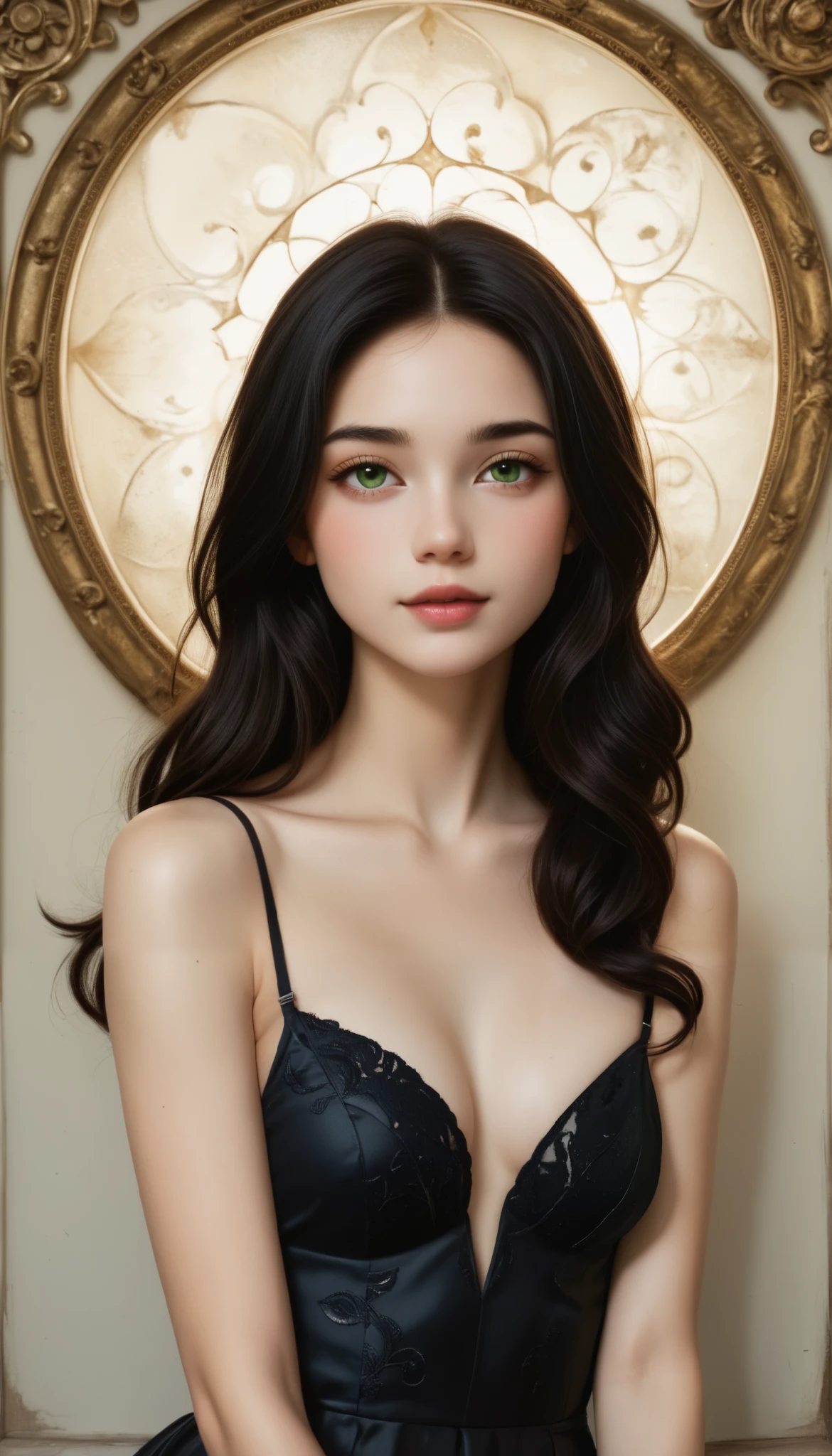 ((8k wallpaper)), (( surreal)), ((quality :1.2)), 1 girl, 14、 cute girl、Young face、 very cute、Kind eyes、 attractive lips 、 straight hair:1.5、 beautiful black hair 、非常に長い straight hair、Very fine skin、 black elegant dress , black strap , Looking up white skin 、