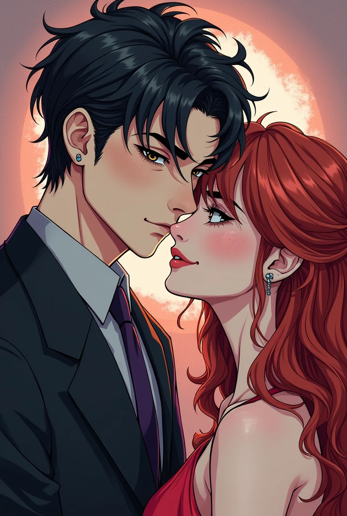 pale man, medium long red hair and kissing and having sex with a pale woman with black hair with black lingerie bangs, homem e mulher se beijando e fazendo sexo sentado no colo
