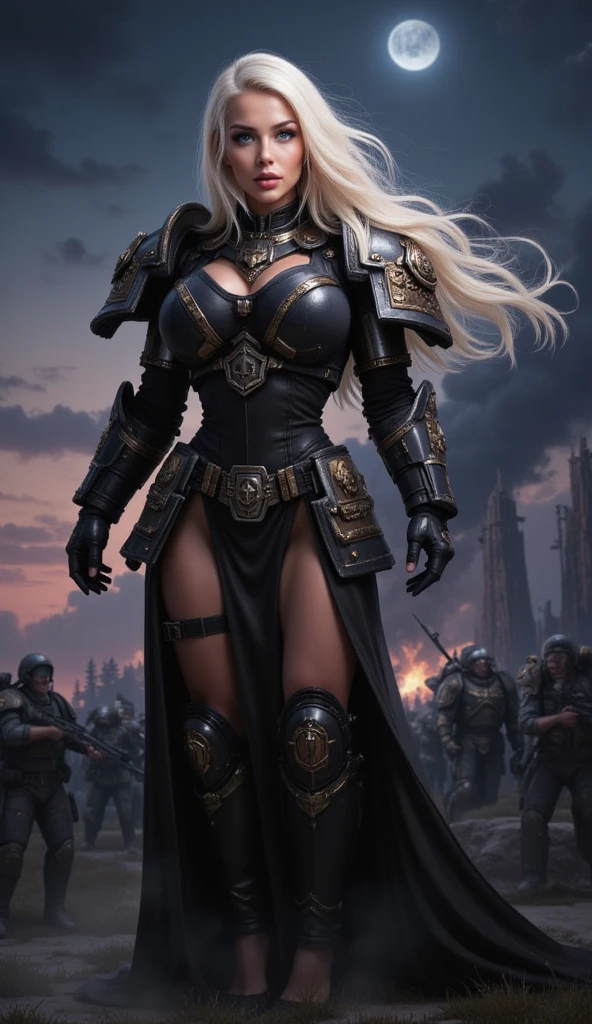 (ultra realistic) (Female Space Marine) (Black Space Marine power Armor)(Long platinum hair) (MILF) (A very beautiful face) (Cleavage) (Bimbo) (The battlefield on the background) (Night) (Bimbo lips) (Blue eyes) (at full height) (sexy standing in high heels)