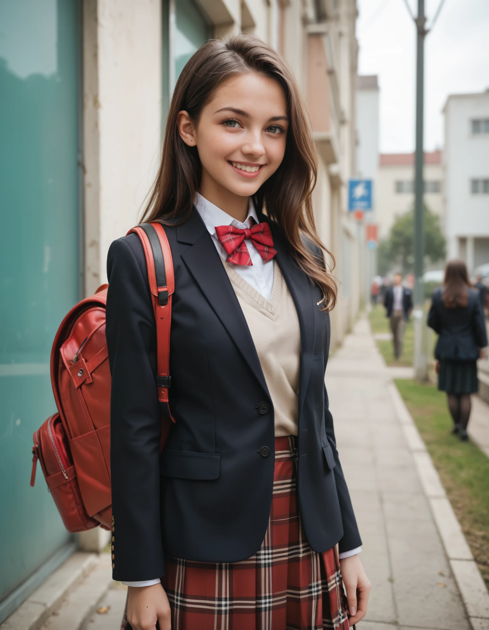 (masterpiece, best quality:1.0), highly detailed, detail, 1girl , high, long hair, brown hair, UNiform, red bowtie, collared shirt, sweater vest, blazer, black blazer, opened jacket, long sleeves, plaid skirt, brown skirt, outdoor, smile, standing, cowboy shot, wearing school backpack, square backpack, red backpack