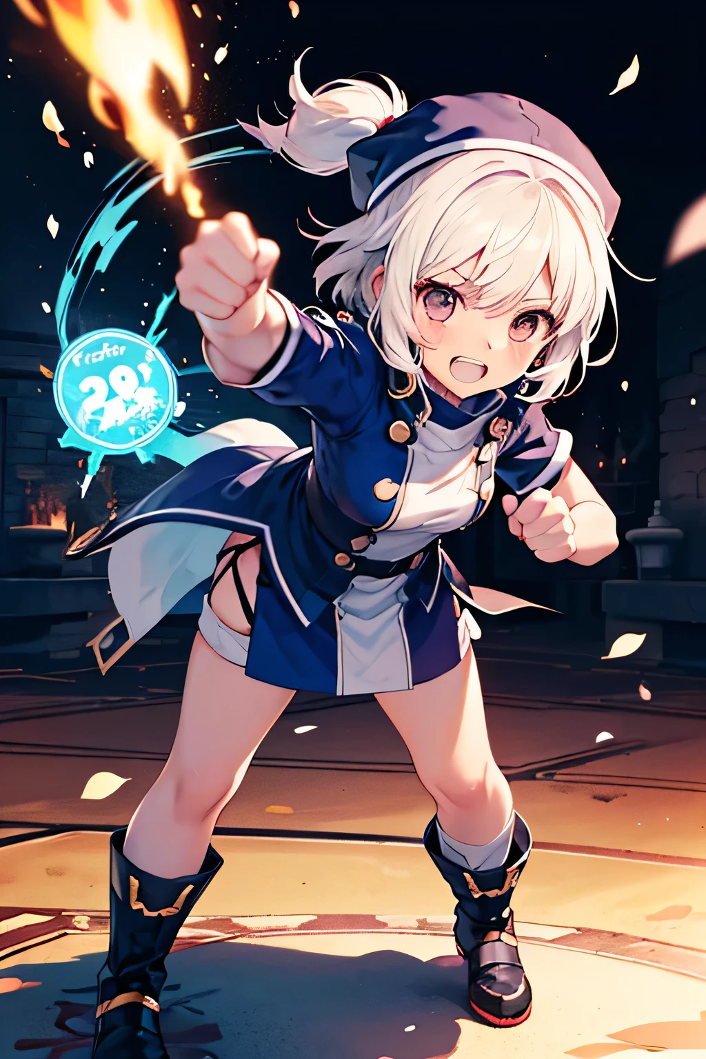 Serious girl, fighting, ( showing teeth), standing, combat pose,  mmorpg background ,  mmorpg background (A stranger), complete anatomy,   graphic effects , ribbon ornament, aura, height 159 cm  ( 5 feet 3 inches ), hard fists ,  caste summoning circle ability Guillotine Fist((kanji)( ragnarok online ), Blue Fire Force +vapor,  fire around, strong breeze , black and white cat mascot ,  sakura petals and leaves , primera persona, blush,  looking at the spectator , Charm, Pausa de toque ciego  looking at the spectator ,  anime style very detailed face, 8K, light and shadow effect.  masterpiece,  The best quality , fullbody, Chibi, , (change:1.2), Nendoroide, PVC models 