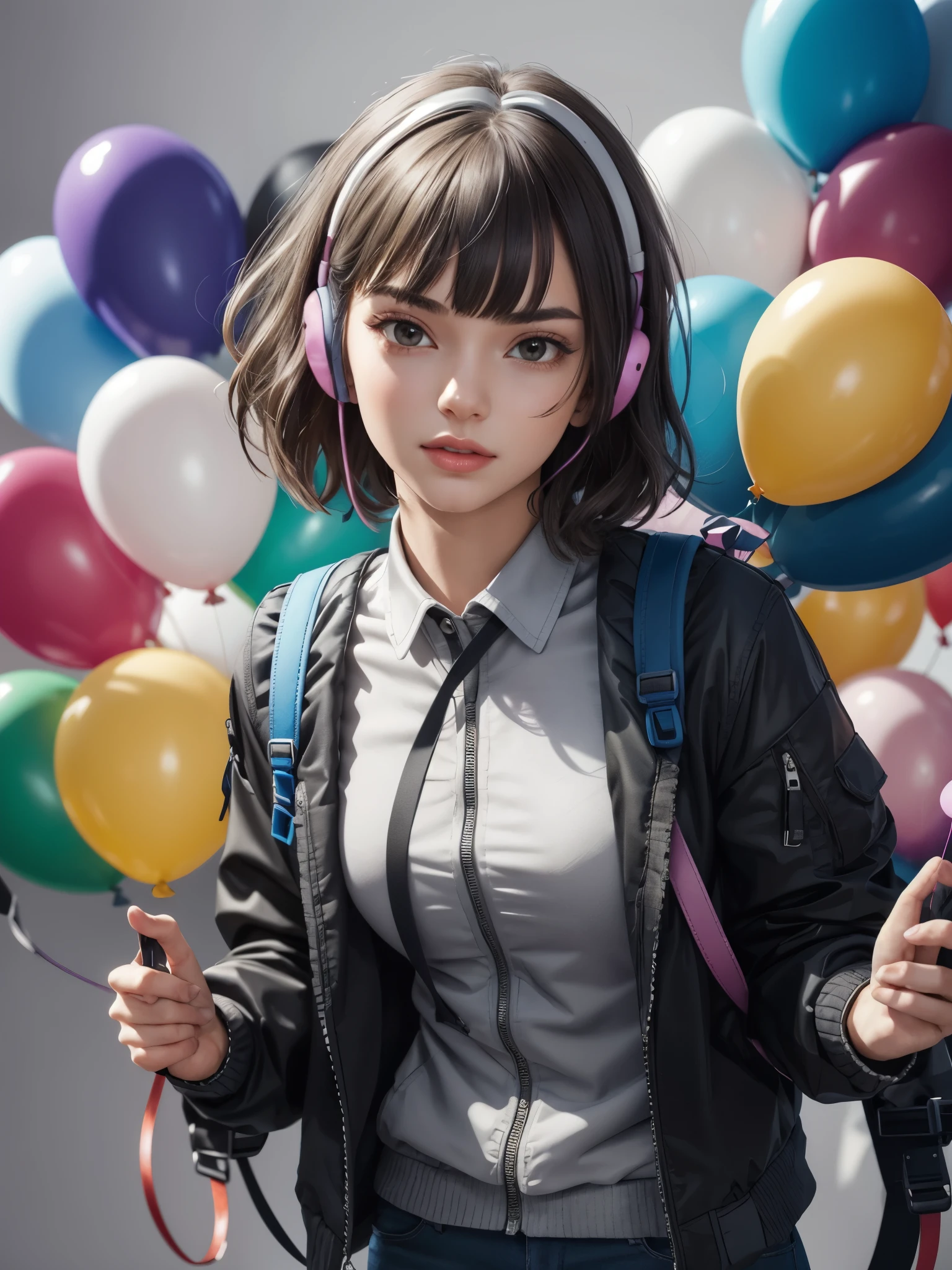 girl, holding balloon, looking up, backpack, jacket, headphone, short hair, bangs, heart balloon, floating balloons, balloons, vibrant, serious expressions, beauty, leaning forward, exquisite, masterpiece, grey, 