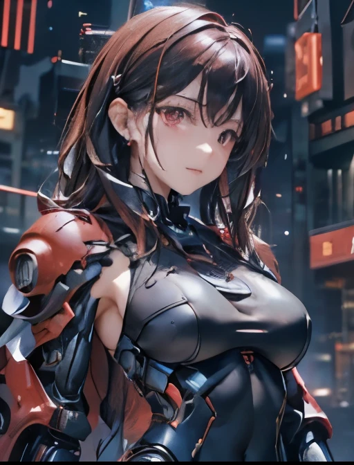  dark-haired woman、red and blue mechanic armor(Small chest、 sleeveless)、 cyberpunk city at night 、