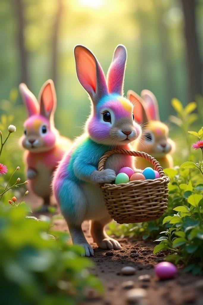  Rainbow Rabbits expertly jump through lush bushes of greenery. Lush ,  lush meadows ,  its feet are covered in fluffy feathers ,  feet neatly covered with fur, holding a basket filled with multicolored eggs. . . With boundless agility and agility, ,  It digs small holes ,  intricate holes in soft soil ,  wet soil ,  Use powerful hind legs to expertly hide each egg in secret., , rabbits hide . It's soft, fluffy ,  Rainbow feathers shimmer in the soft sunlight ,  reflect bright colors ,  while watchful eyes carefully look around ,  scans the environment for potential threats. .  curled up in shelter 