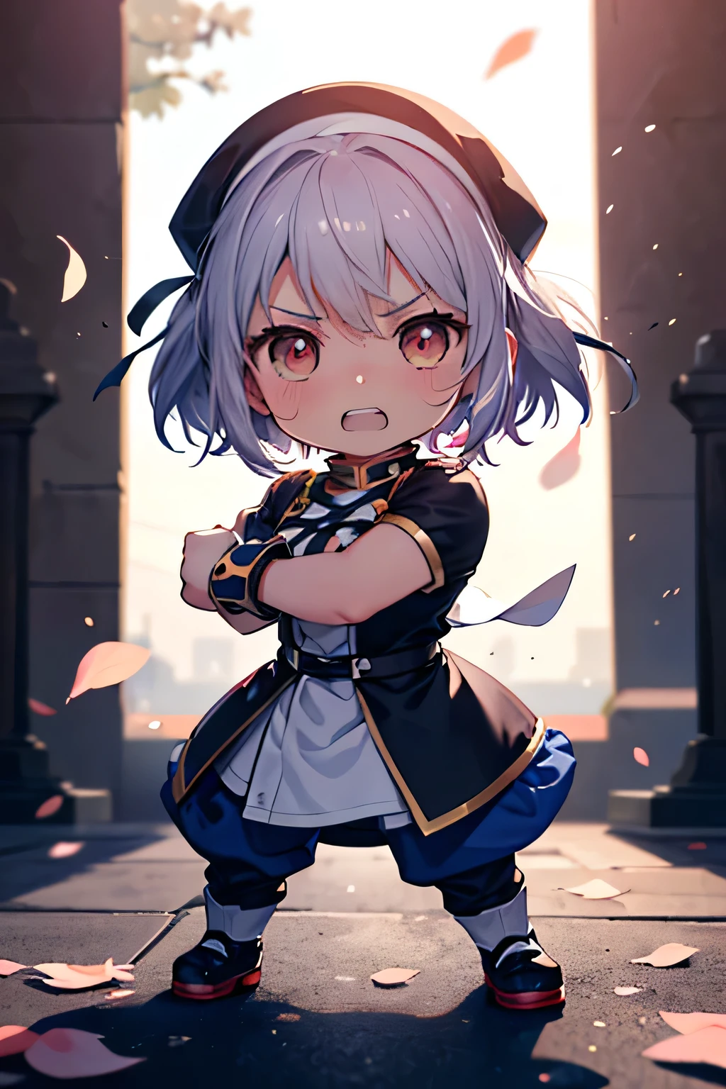 Serious girl, fighting, ( showing teeth), standing, combat pose,  mmorpg background ,  mmorpg background (A stranger), complete anatomy,   graphic effects , ribbon ornament, aura, height 159 cm  ( 5 feet 3 inches ), hard fists ,  caste summoning circle ability Guillotine Fist((kanji)( ragnarok online ), Blue Fire Force +vapor,  fire around, strong breeze , black and white cat mascot ,  sakura petals and leaves , primera persona, blush,  looking at the spectator , Charm, Pausa de toque ciego  looking at the spectator ,  anime style very detailed face, 8K, light and shadow effect.  masterpiece,  The best quality , fullbody, Chibi, , (change:1.2), Nendoroide, PVC models 