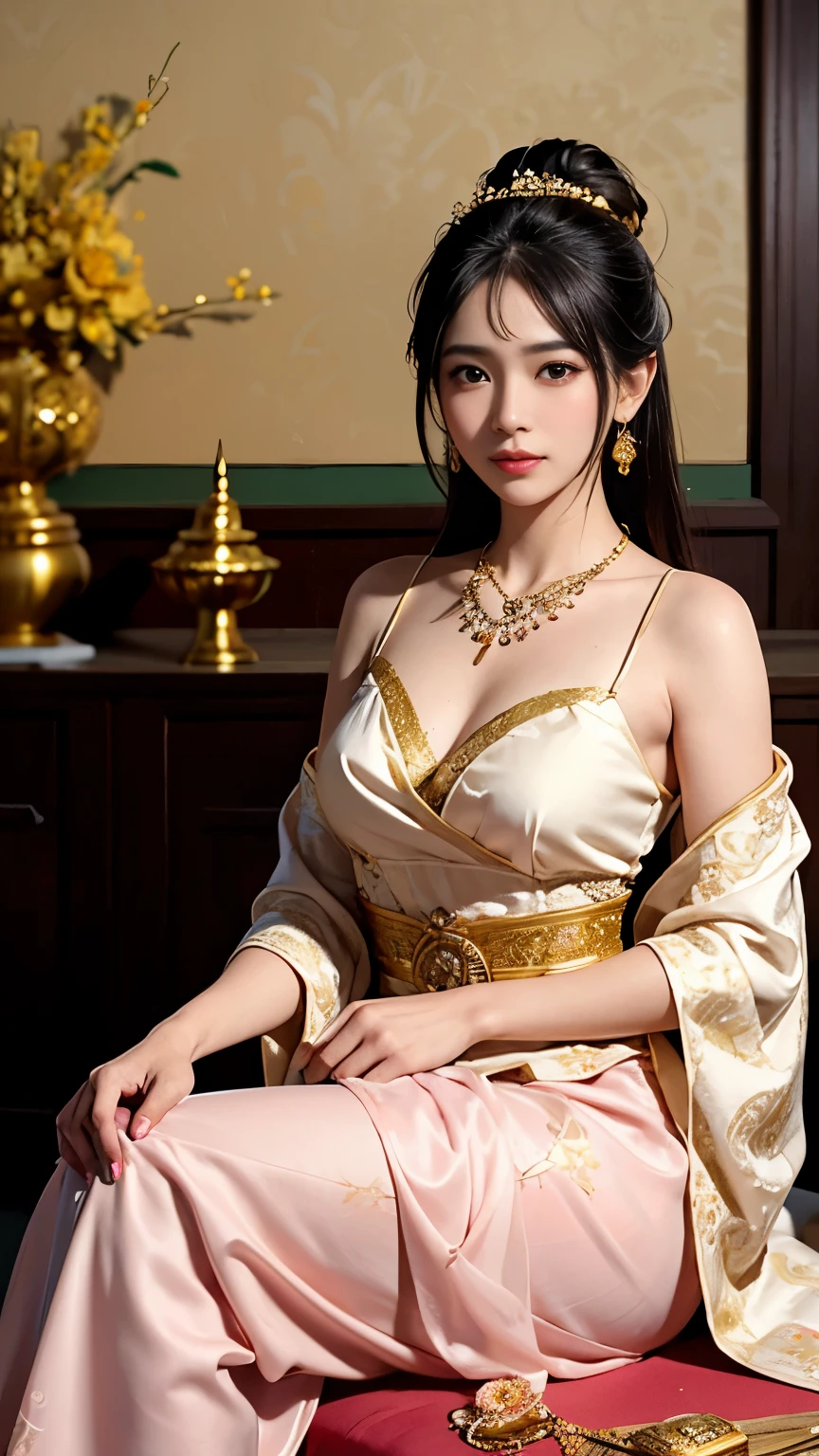 Woman in golden dress sitting on bed, gorgeous chinese models, Beautiful oriental woman, elegant gold body, Beautiful asian woman, Gorgeous woman, Lovely woman, a beautiful fantasy empress, Chinese woman, beautiful Korean women, Chinese girl, Beautiful Asian girl, Korean woman, Beautiful rendering of the Tang Dynasty, Asian woman, glamorous and sexy geisha