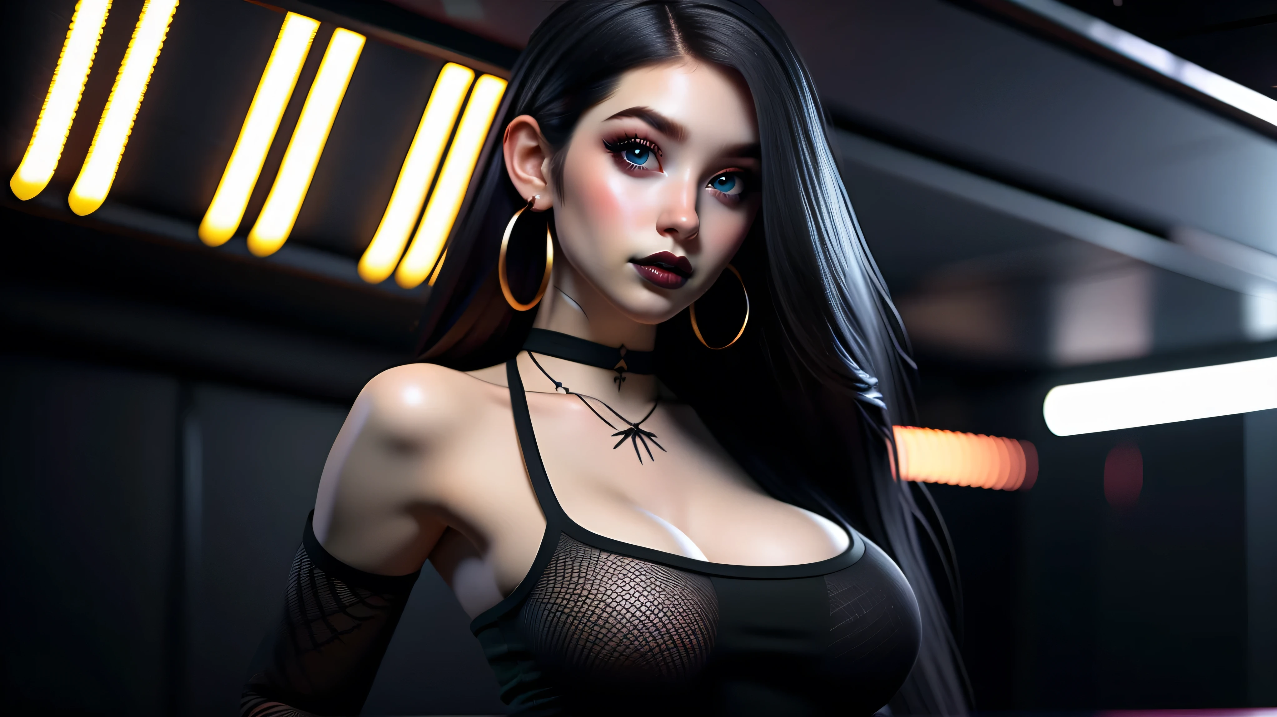 Best quality, 3d rendering work, 3DMM style, Close-up, Portrait,3D, 1girll, only, Black hair, earrings, looking at the camera, Realistic, Thin hips, Full body, thigh to head shot, ((sexy)), ((goth)), (panties), standing in front of a nightclub, city street, bangs, looks away, Long straight black hair, full lips, choker necklace, Makeup, (Green eyes), Tifa Lockhart, (round breasts, full breasts), (Medium breasts: 1.1)